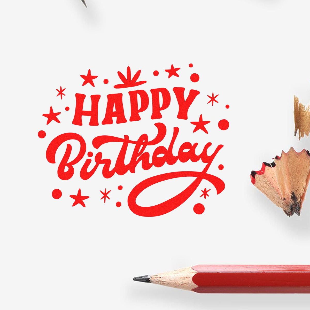 Happy Birthday Star Confetti rubber stamp shown in red ink, stamped for projects such as space party album page.