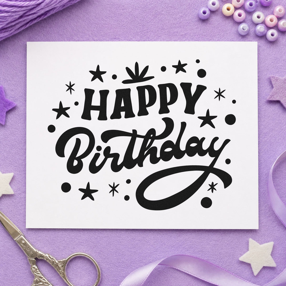 Happy Birthday Star Confetti craft stamp imprint in black ink on a handmade project, one idea being star map gift tags.