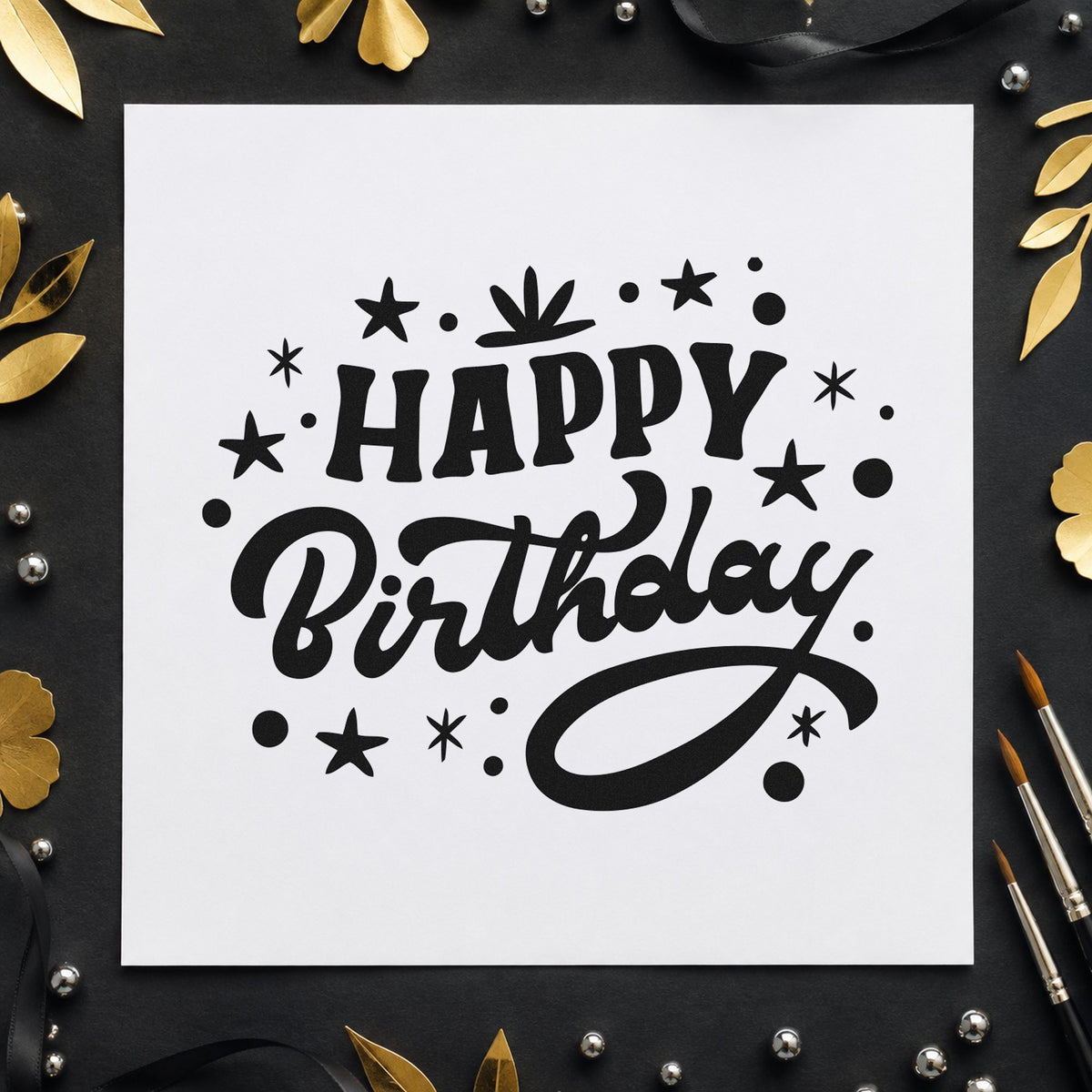 Happy Birthday Star Confetti rubber stamp printed in black ink, ready for party run sheet and similar paper crafts.