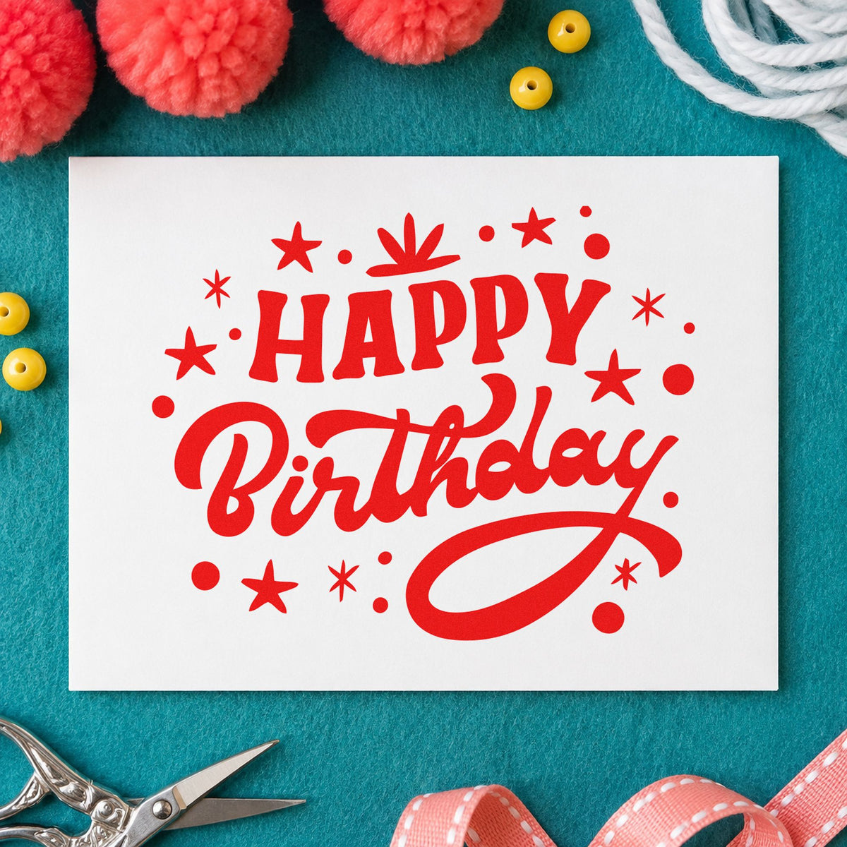 Happy Birthday Star Confetti rubber stamp shown in red ink, stamped for projects such as bin prop labels.