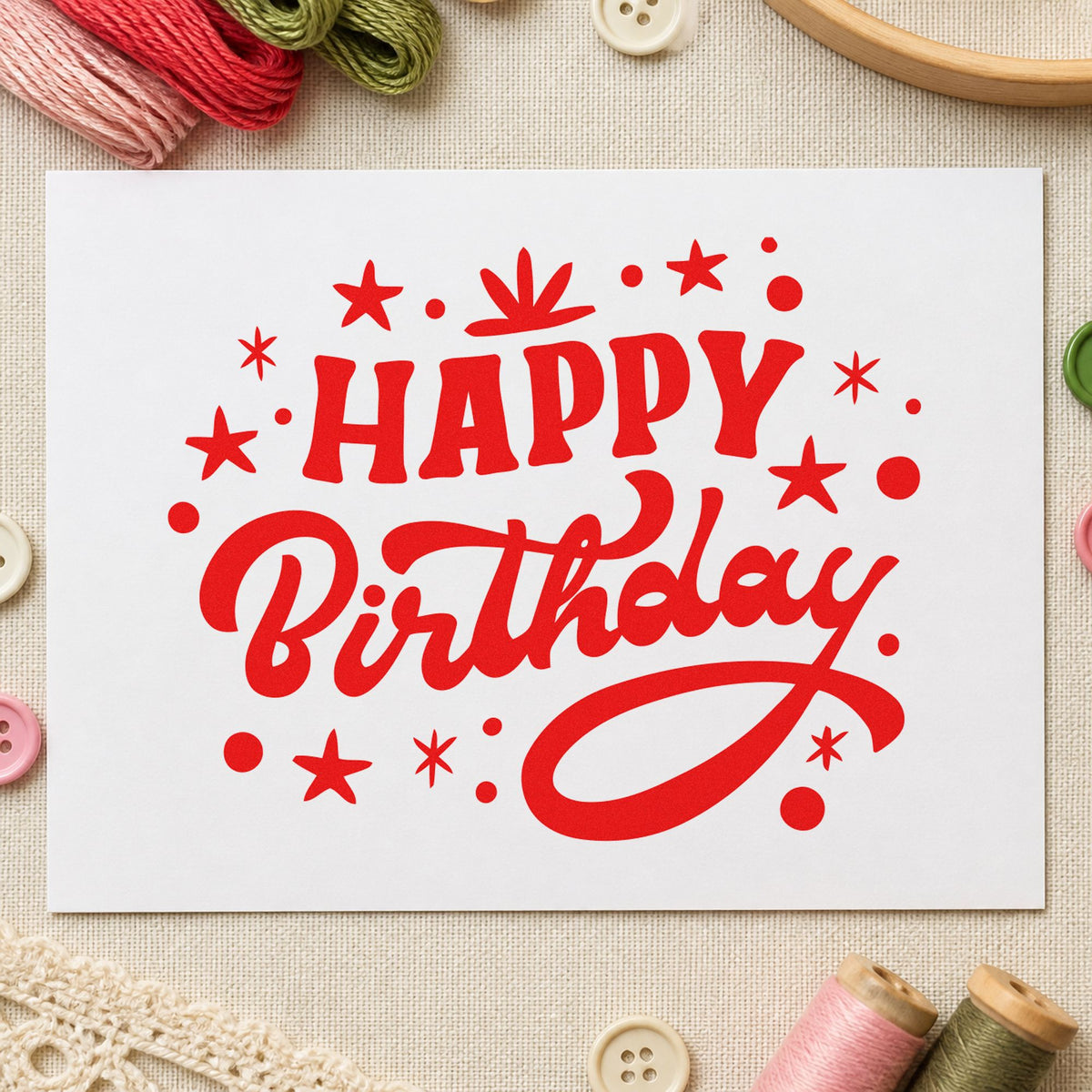 Happy Birthday Star Confetti craft stamp imprint in red ink on a handmade project, one idea being constellation cards.