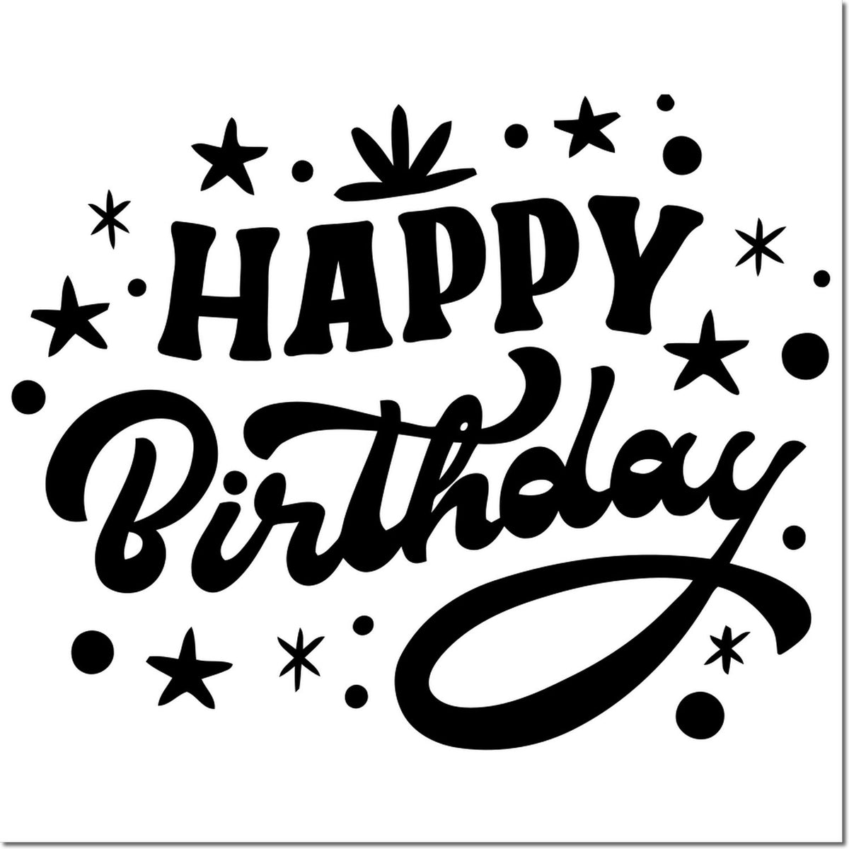 Happy Birthday rubber stamp design with decorative stars and bold lettering for cards, scrapbook pages, and party crafts.