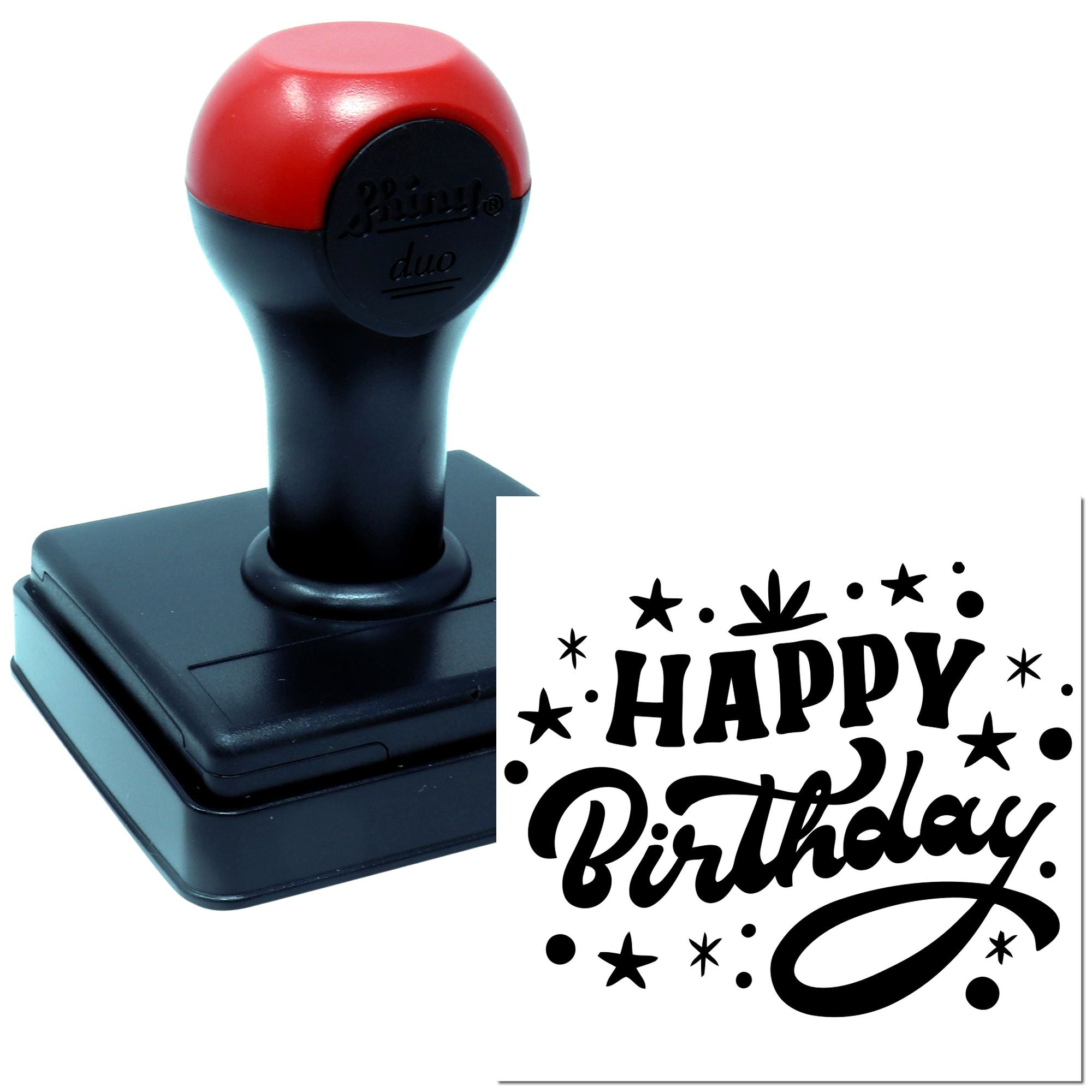 Self-inking Happy Birthday rubber stamp for card making, crafts, and custom birthday stationery.