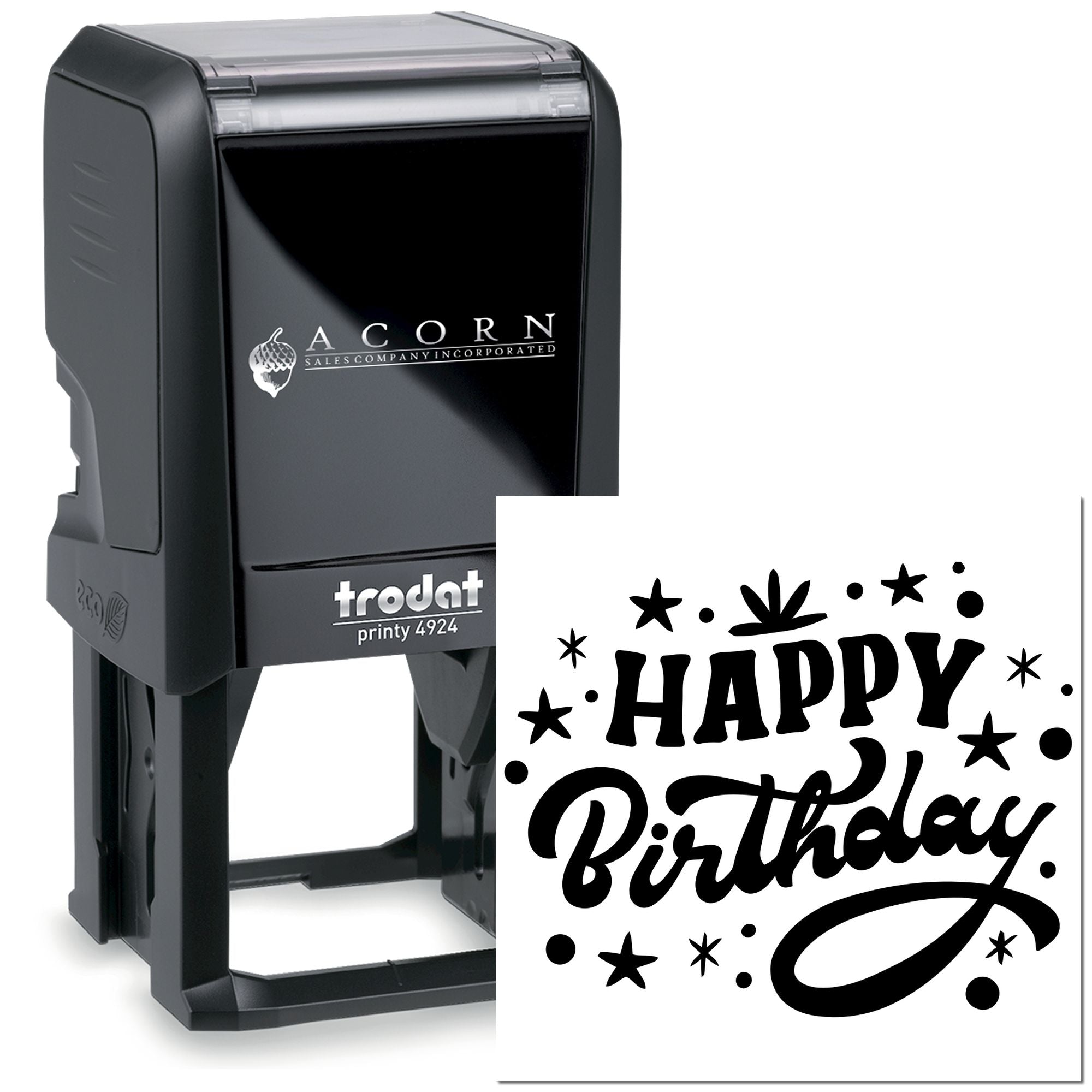 Custom self-inking rubber stamp with Happy Birthday design for cards, gifts, and birthday packaging.