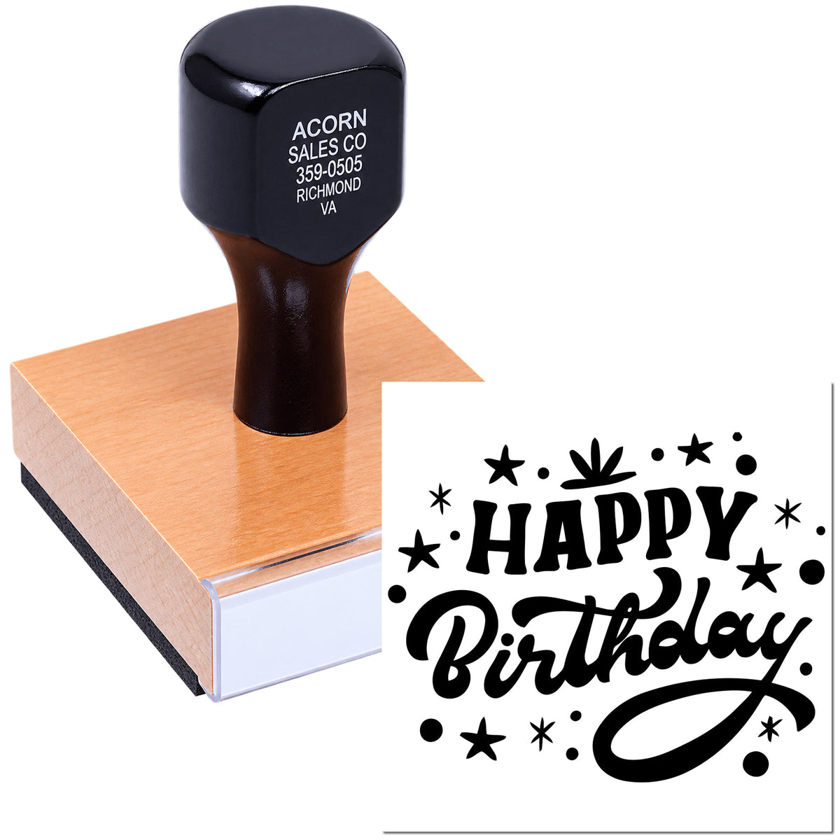 Custom Happy Birthday rubber stamp on wood block for greeting cards, invitations, and crafts.
