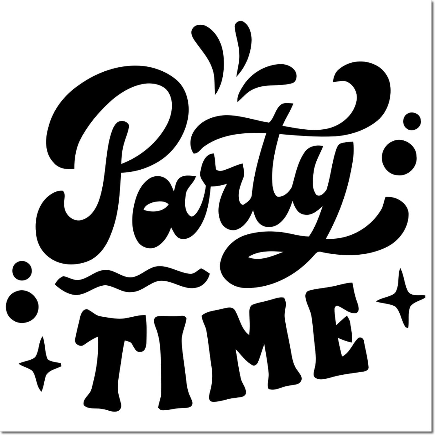Party Time rubber stamp design with bold black lettering and festive accents for party invitations, cards, and crafts.