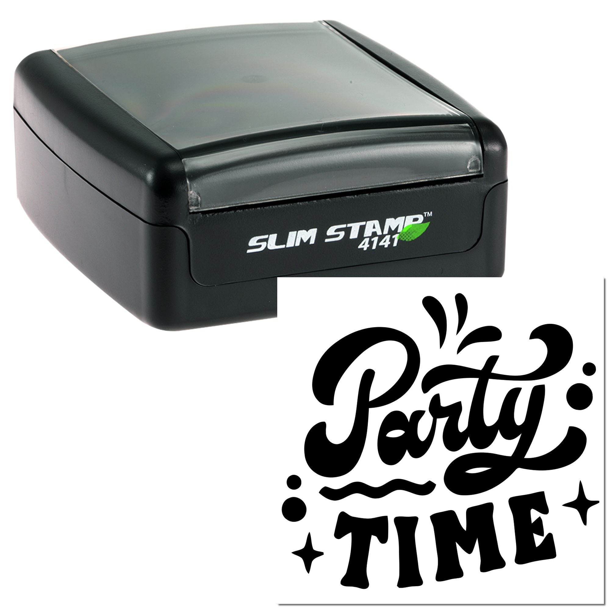Slim Stamp 4141 self-inking rubber stamp with Party Time design, ideal for custom party invitations and crafts.