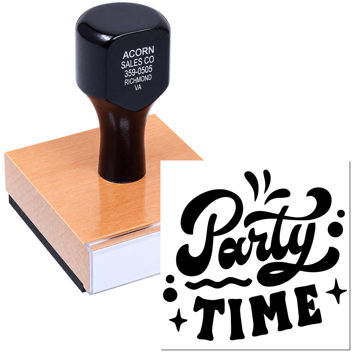 Custom rubber stamp with Party Time design on wooden block for event invitations and party crafts