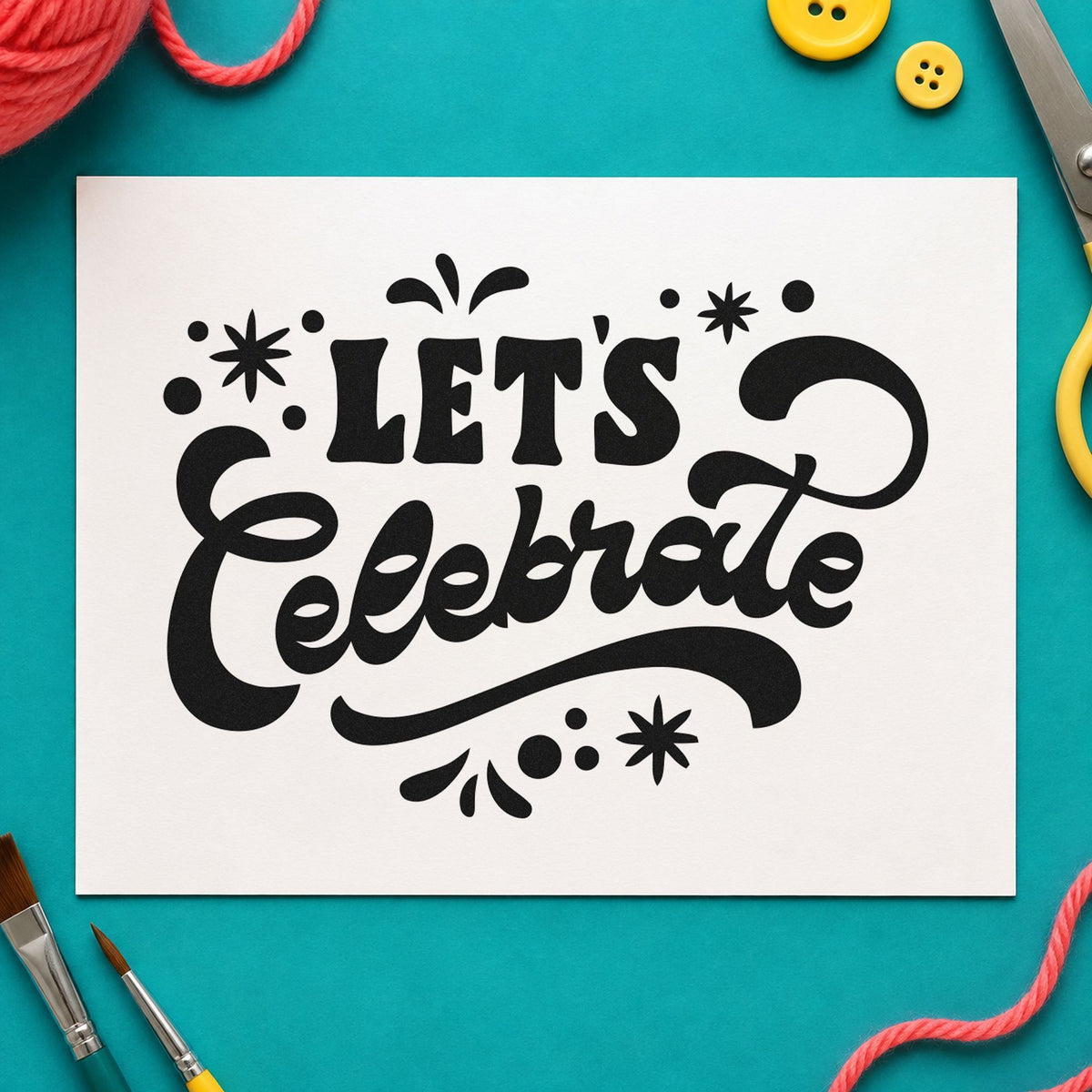 Let's Celebrate Script craft stamp imprint in black ink on a handmade project, one idea being cake slice gift tags.