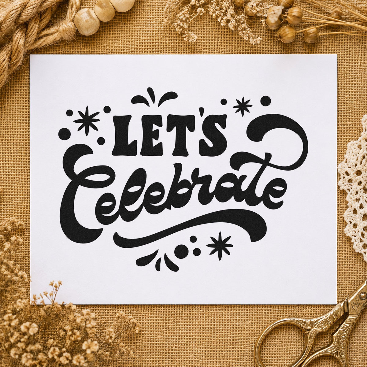 Let's Celebrate Script rubber stamp printed in black ink, ready for star flourish cards and similar paper crafts.
