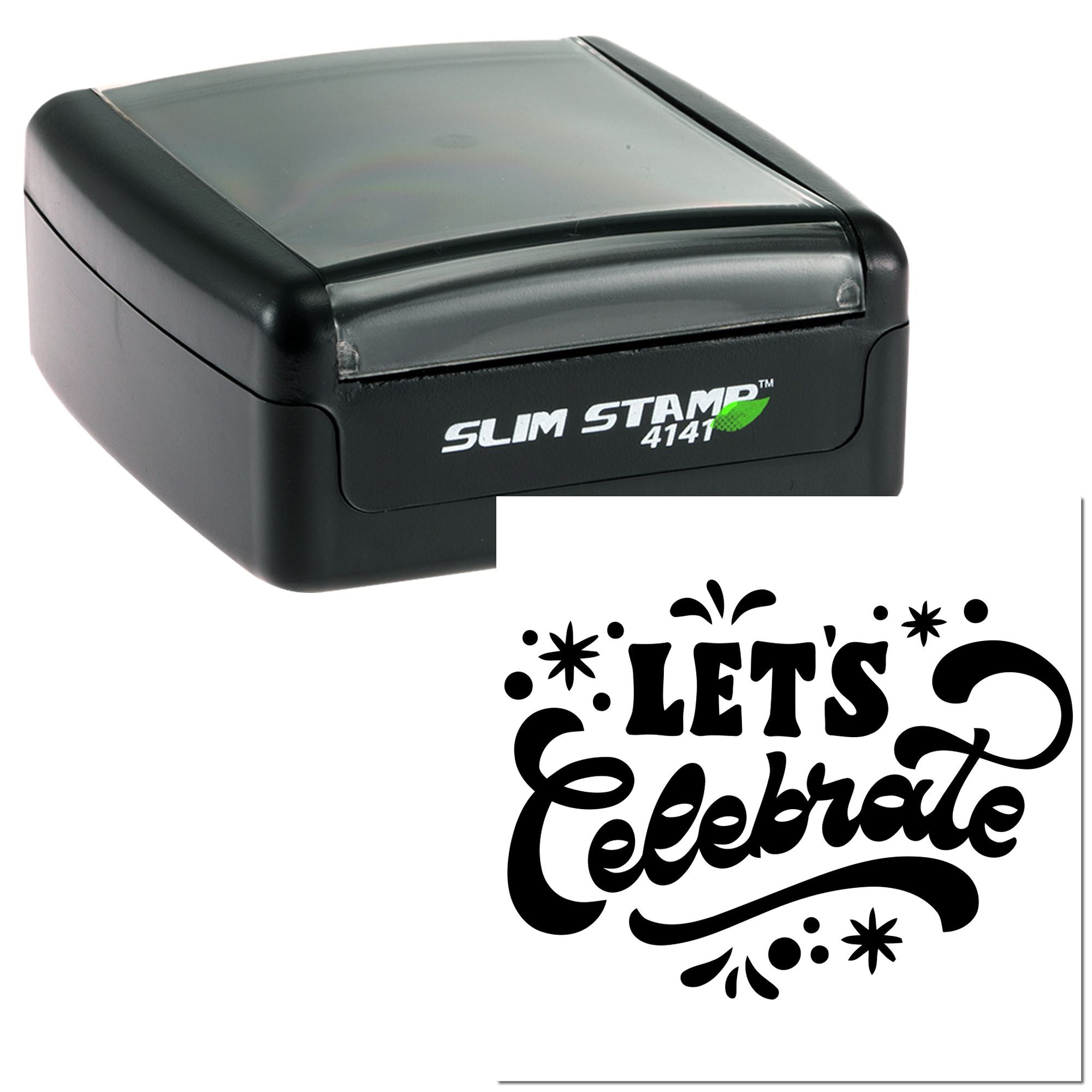Slim Stamp 4141 self-inking rubber stamp with decorative Lets Celebrate imprint for party invitations and event use