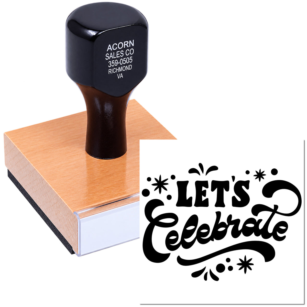 Custom rubber stamp with Lets Celebrate design for party invitations, event branding, and craft projects.