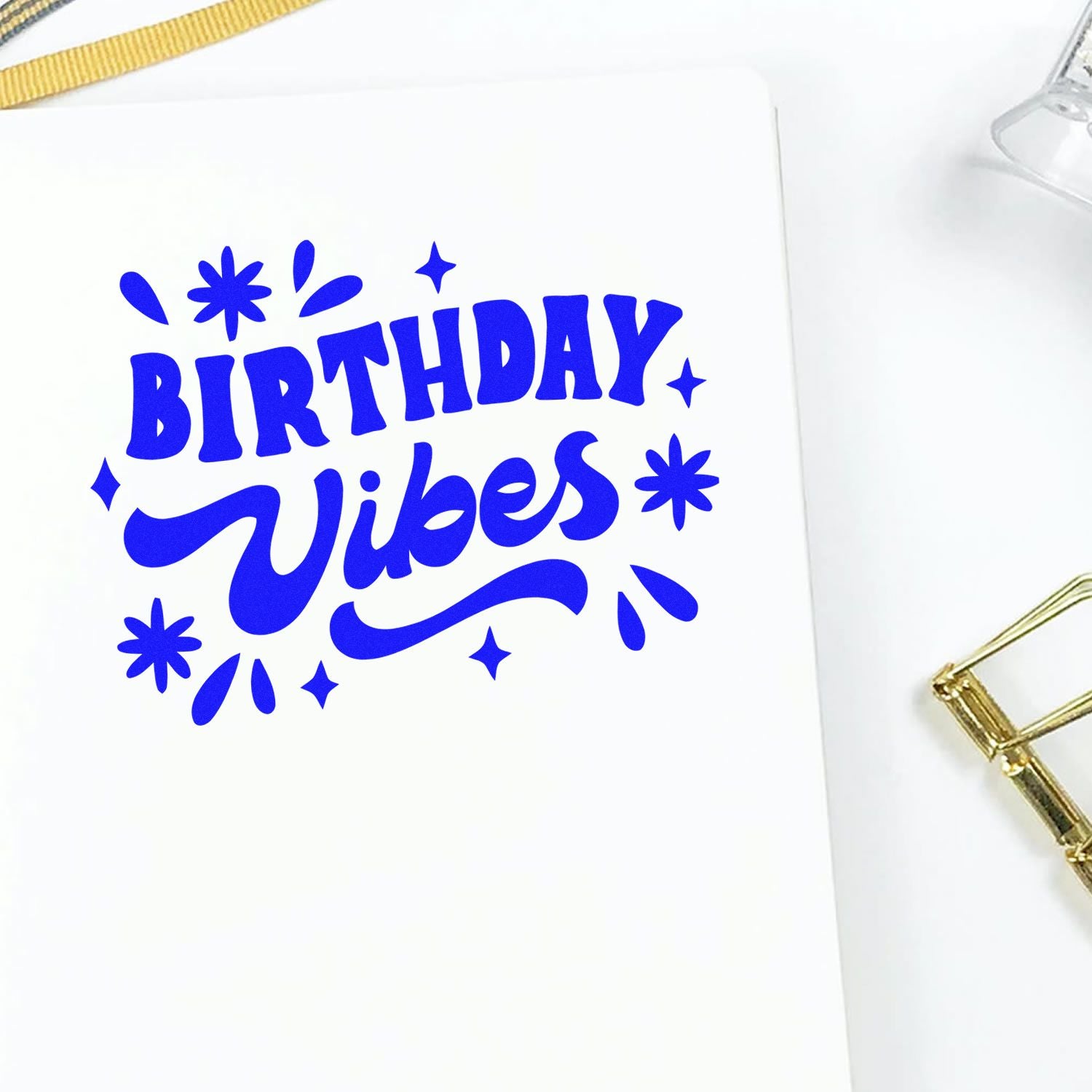Blue Birthday Vibes rubber stamp impression on white paper, ideal for birthday card making, scrapbooking, and DIY crafts.