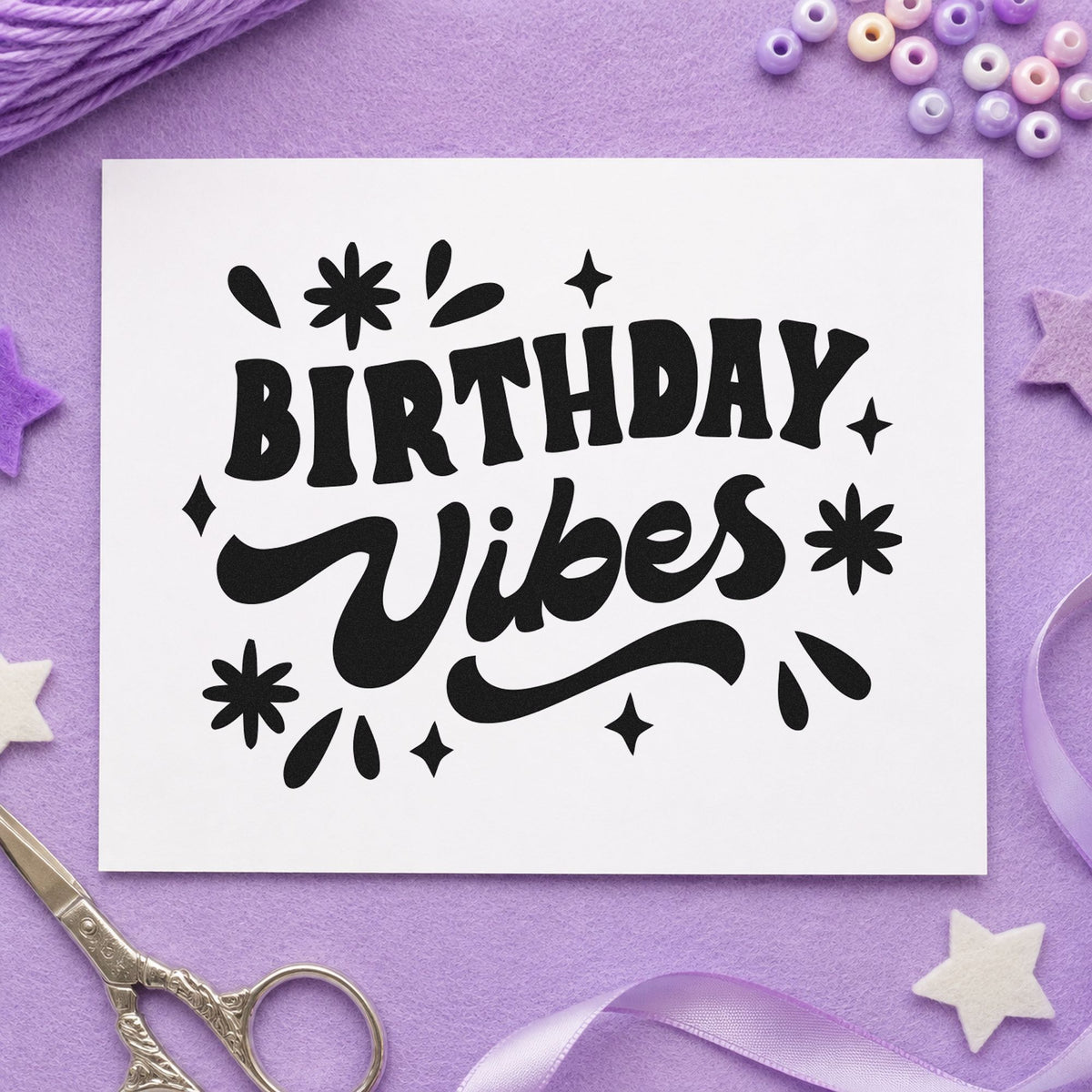 Birthday Vibes Starburst Script rubber stamp printed in black ink, ready for teardrop accent cards and similar paper crafts.