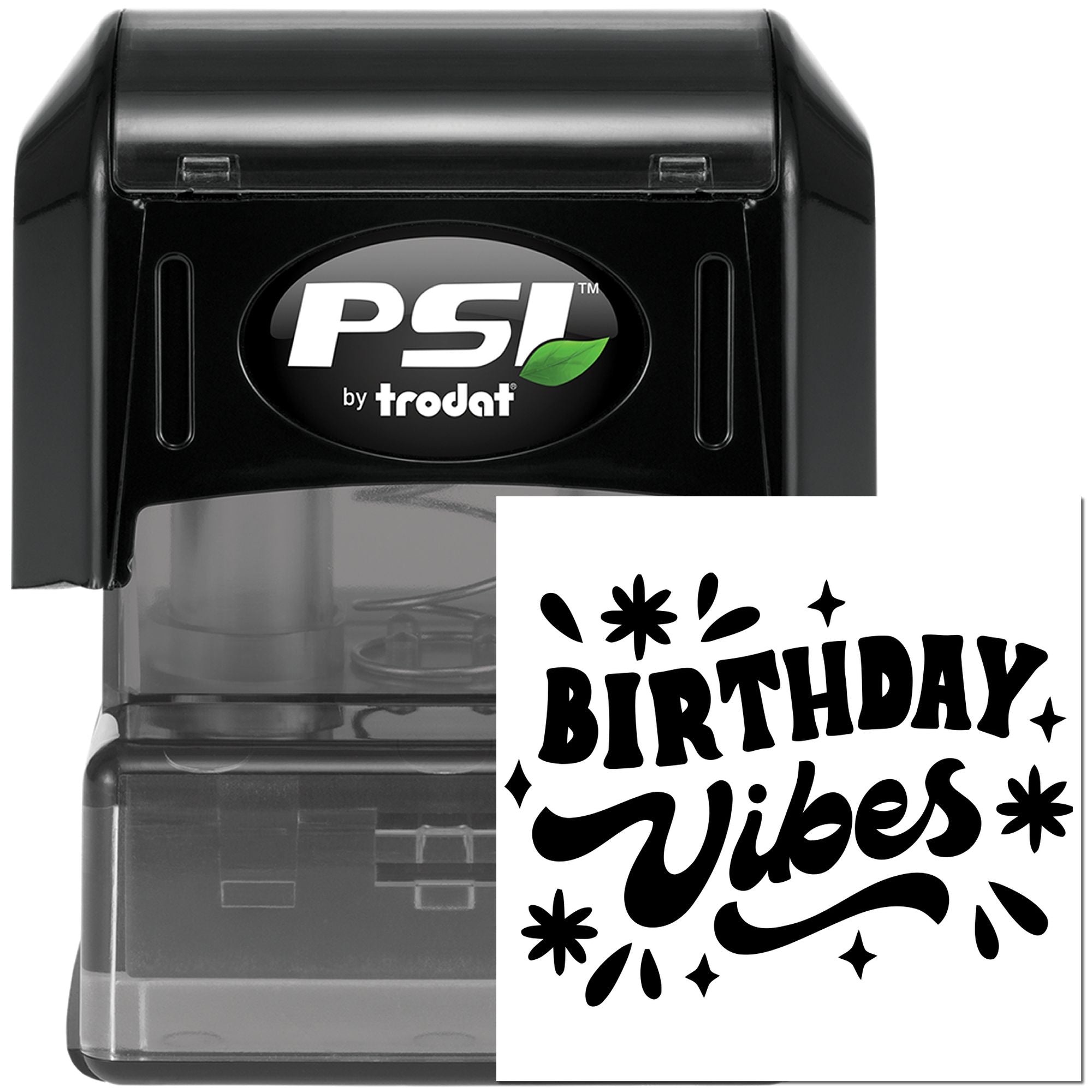PSI by Trodat self-inking birthday rubber stamp for party invitations, cards, and gift packaging with Birthday Vibes design.