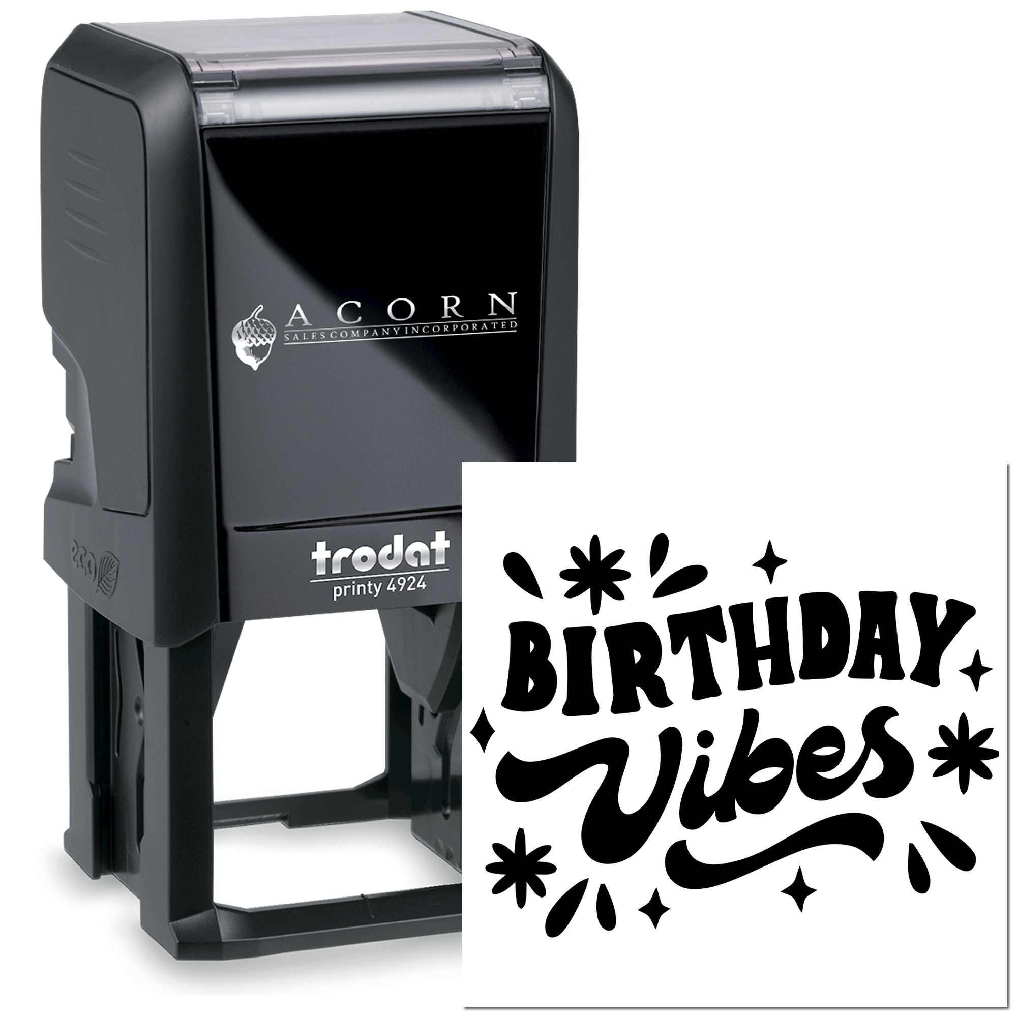 Trodat self-inking birthday rubber stamp with Birthday Vibes design for cards, gifts, and party packaging.