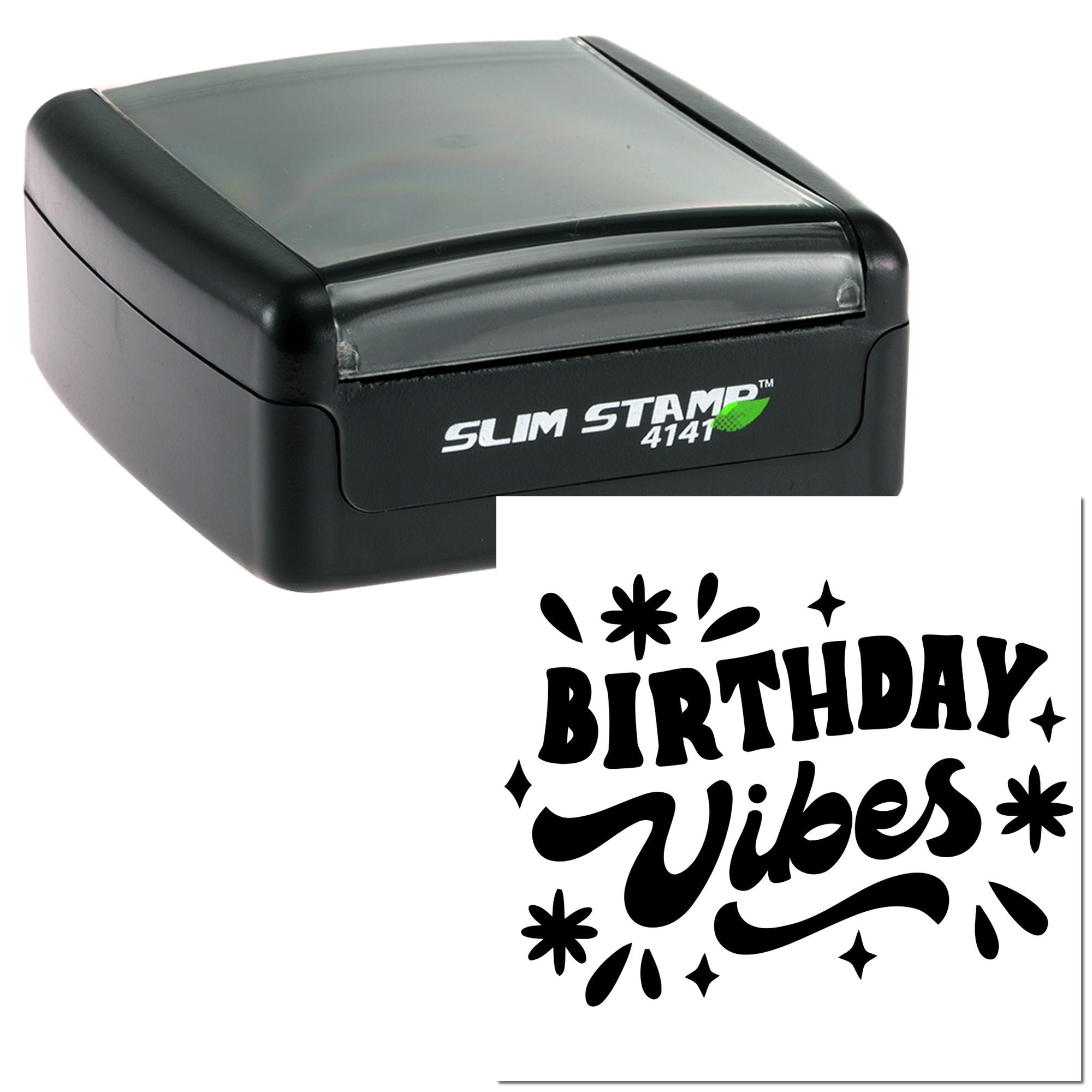 Slim self-inking rubber birthday stamp with Birthday Vibes design for custom party cards and crafts.