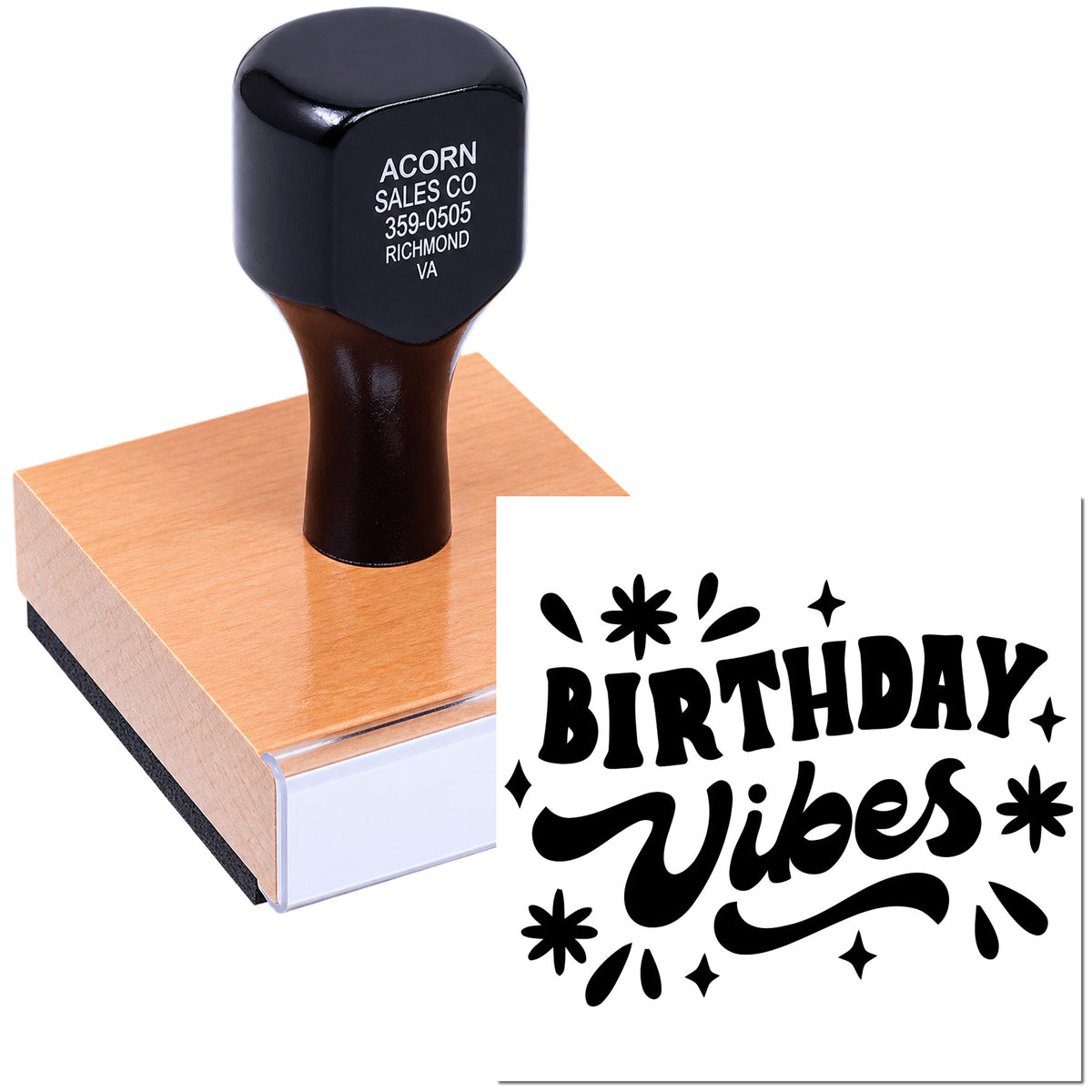 Custom rubber stamp showing Birthday Vibes design and stamp imprint for party invitations and craft projects.