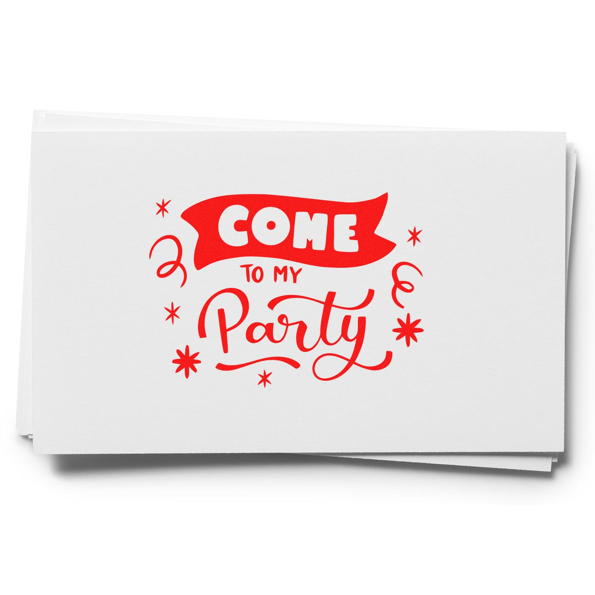 Come To My Party rubber stamp shown in red ink, stamped for projects such as print year album page.