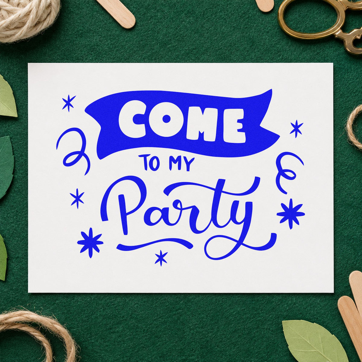 Come To My Party craft stamp imprinted in blue ink on paper, a design suited to framed press room.
