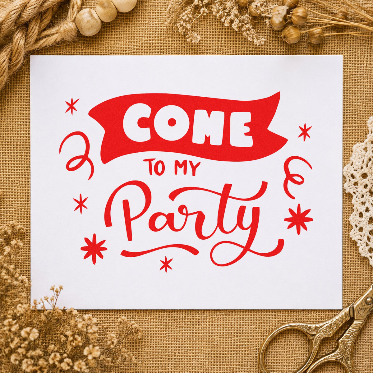 Come To My Party rubber stamp shown in red ink, stamped for projects such as drawer stock labels.