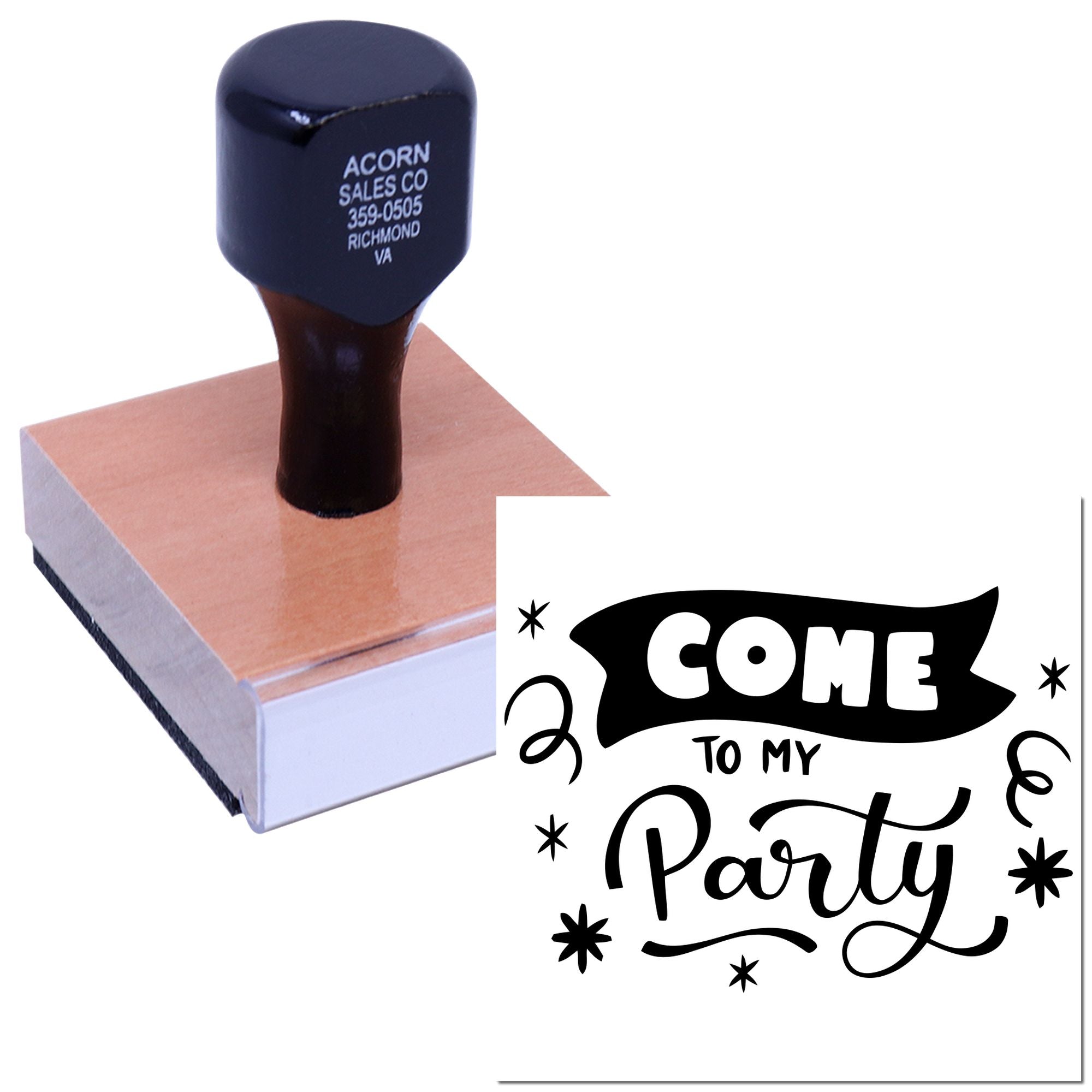 Custom rubber stamp with Come to My Party design for party invitations and event announcements.