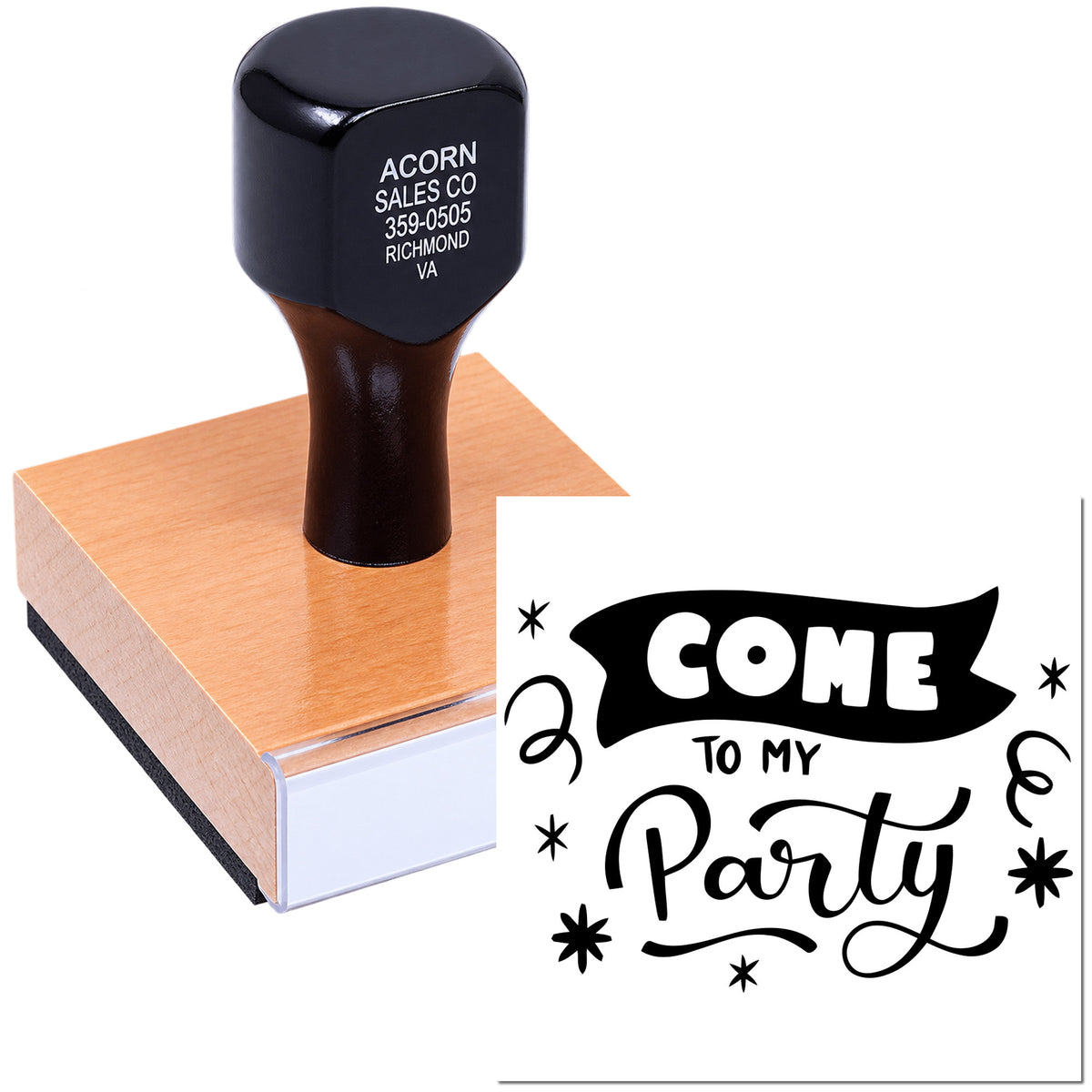 Custom rubber stamp with Come to My Party design for party invitations and event announcements.