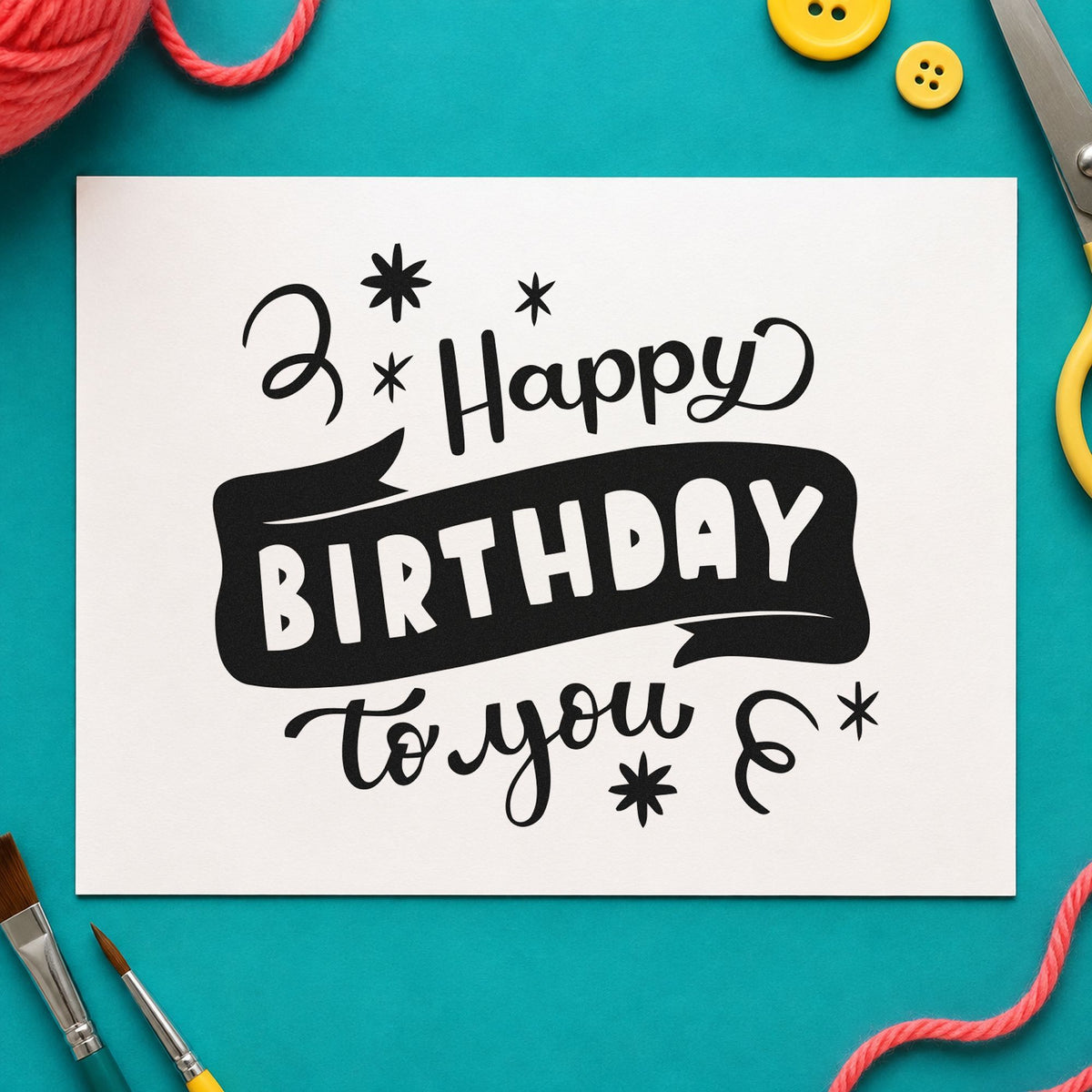 Happy Birthday To You rubber stamp printed in black ink, ready for middle ribbon cards and similar paper crafts.