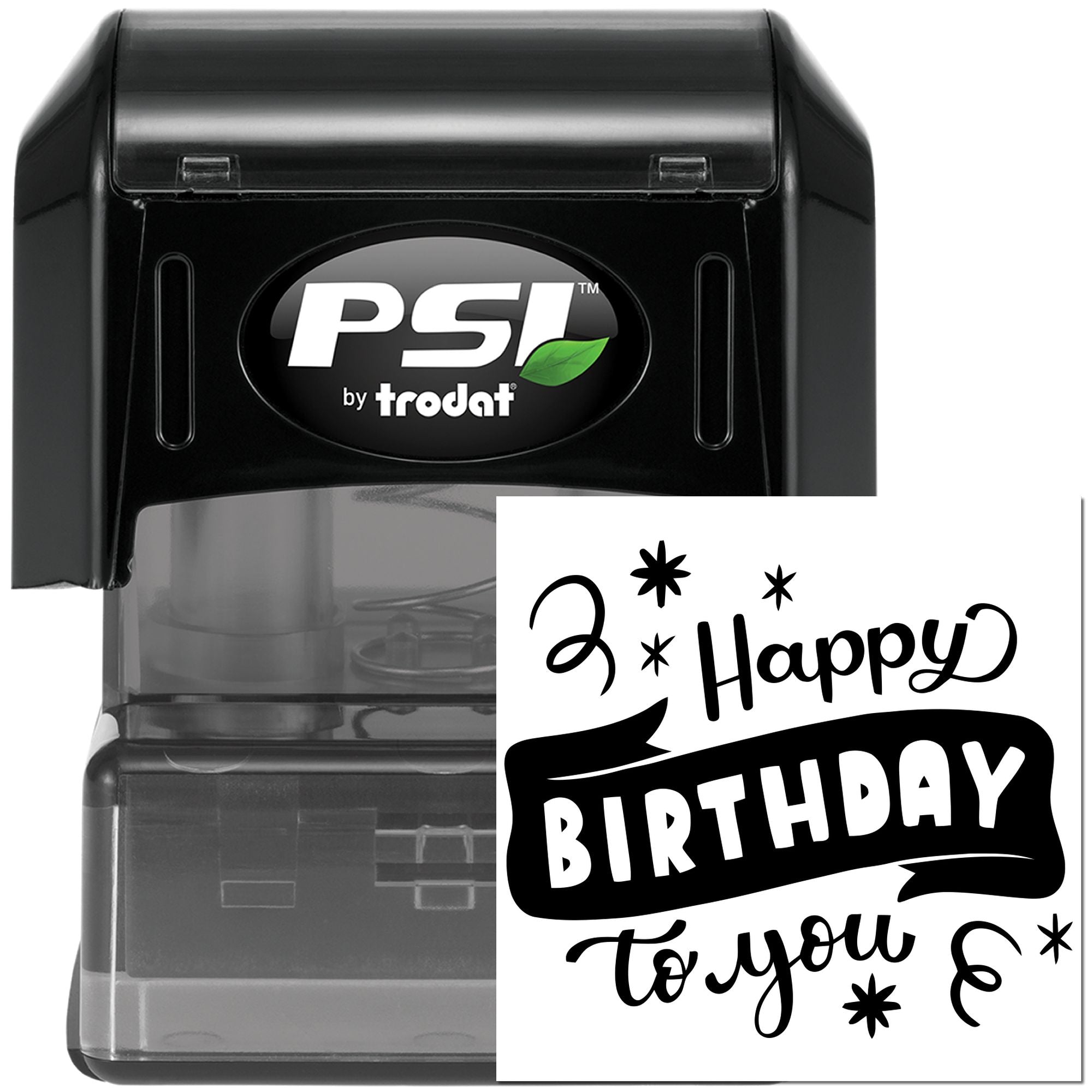 PSI by Trodat self-inking birthday rubber stamp with Happy Birthday to you design for custom greeting cards.