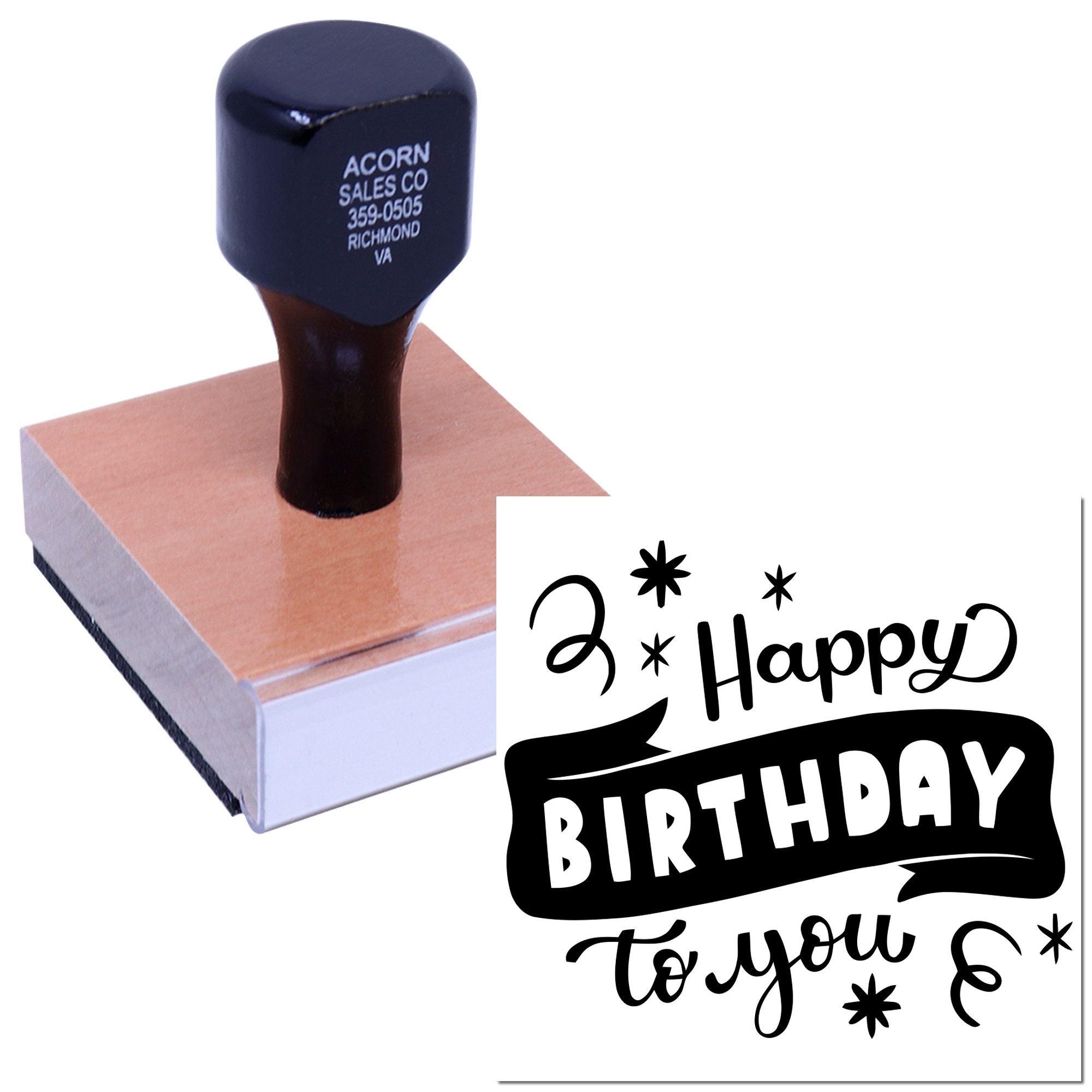 Happy Birthday rubber stamp with wooden block handle and stamped design for cards, invitations, and scrapbooking.