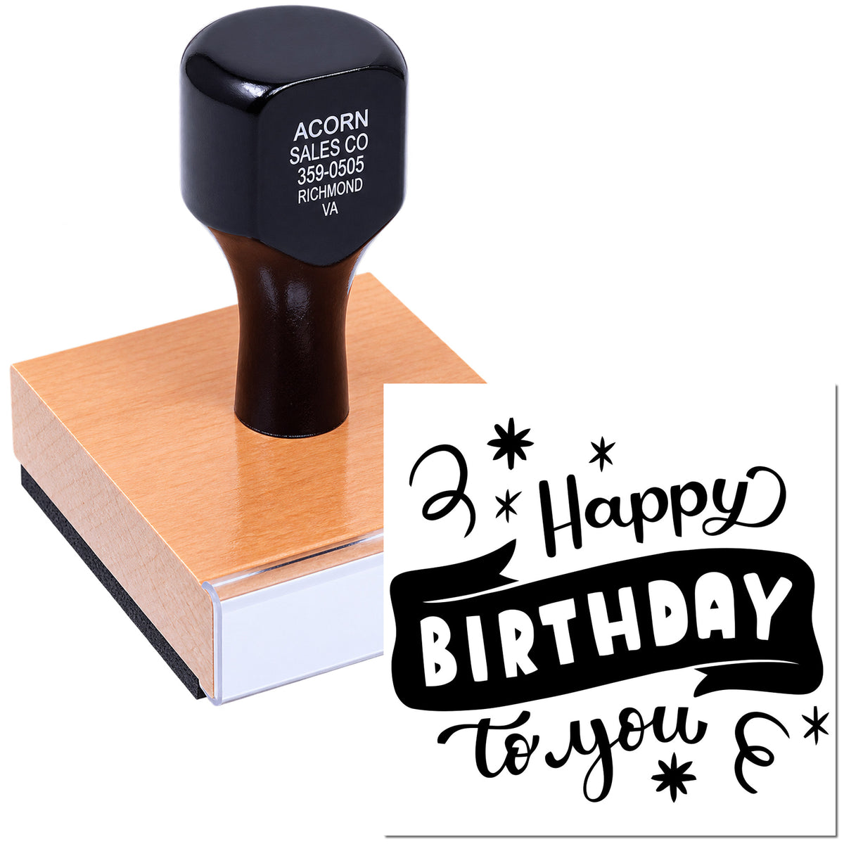 Happy Birthday rubber stamp with wooden block handle and stamped design for cards, invitations, and scrapbooking.