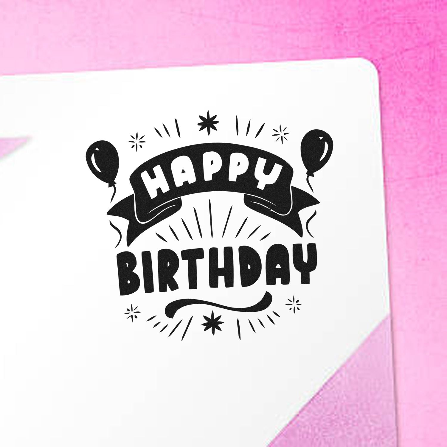 Happy Birthday rubber stamp design with balloons on a white card, ideal for birthday cards, invitations, and party crafts.