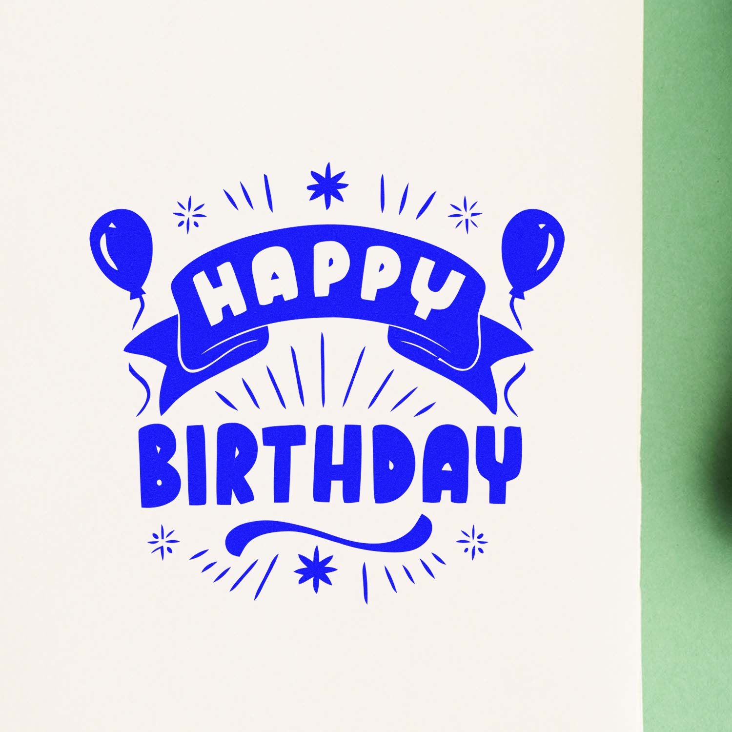 Happy Birthday rubber stamp design with balloons and stars for custom birthday cards, scrapbooking, and craft projects.