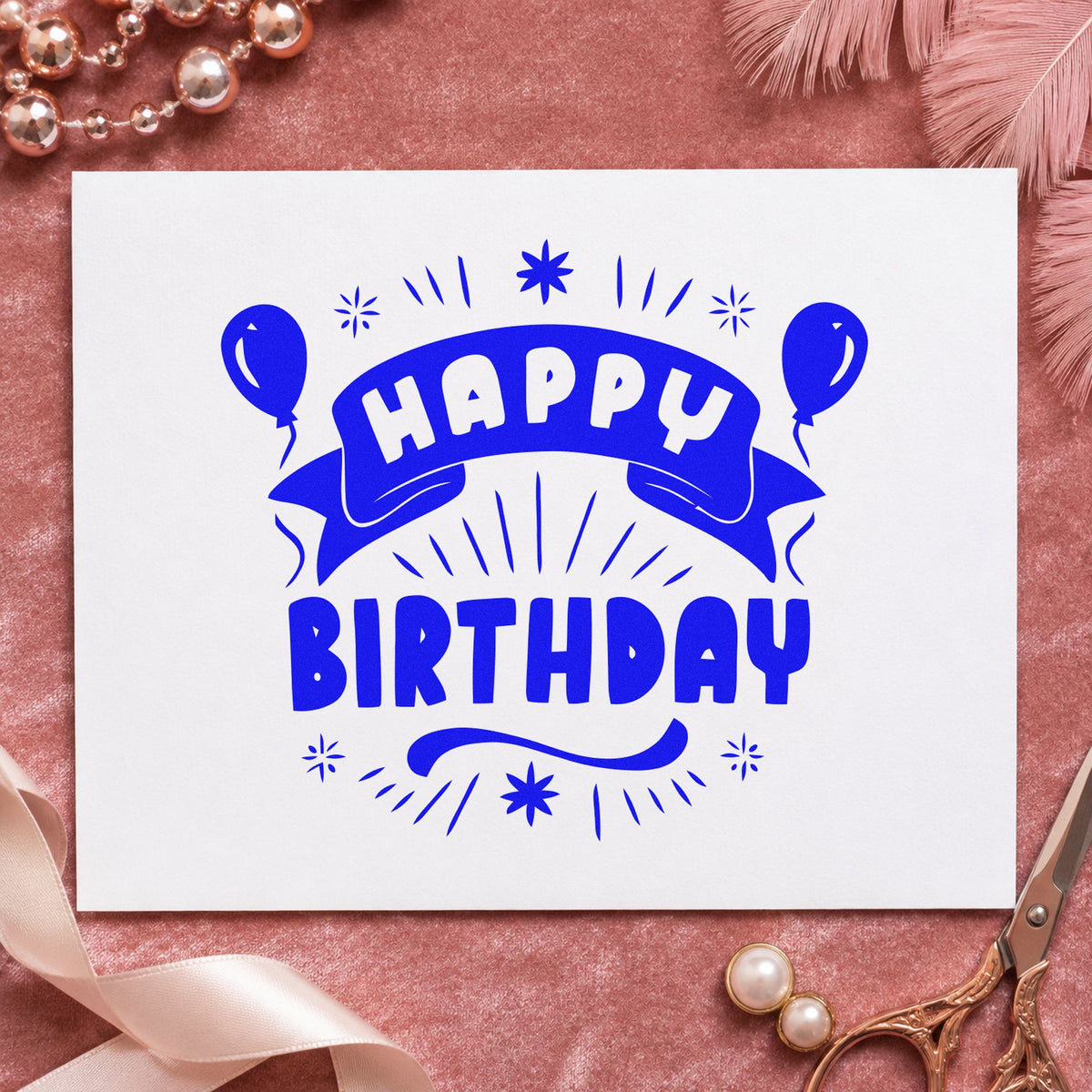 Happy Birthday Balloons Banner craft stamp imprinted in blue ink on paper, a design suited to framed trailer door.