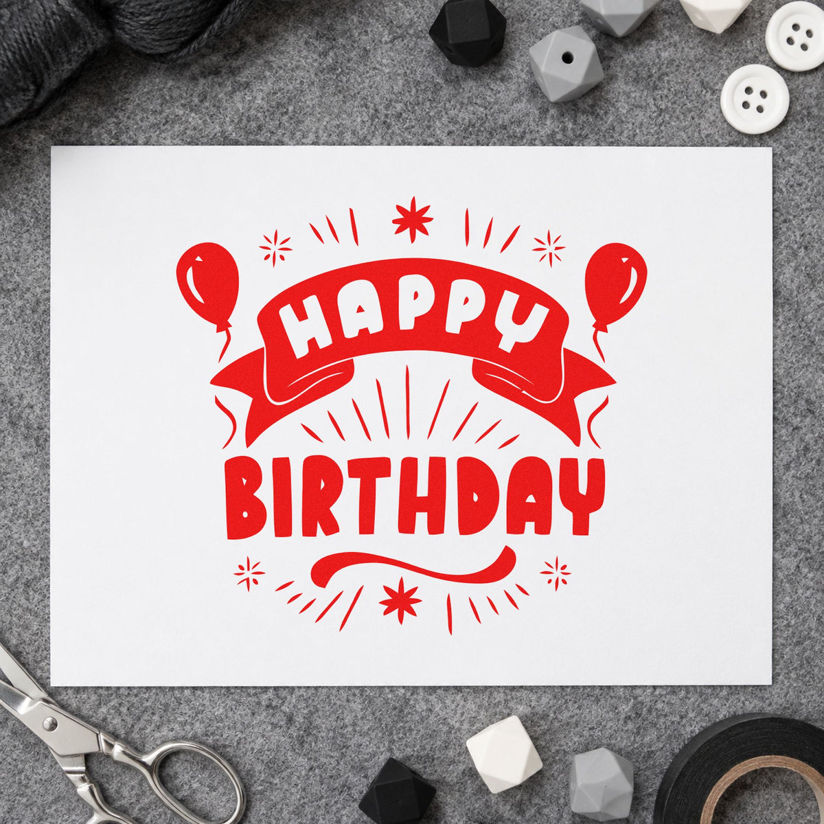 Happy Birthday Balloons Banner rubber stamp shown in red ink, stamped for projects such as bin camp labels.