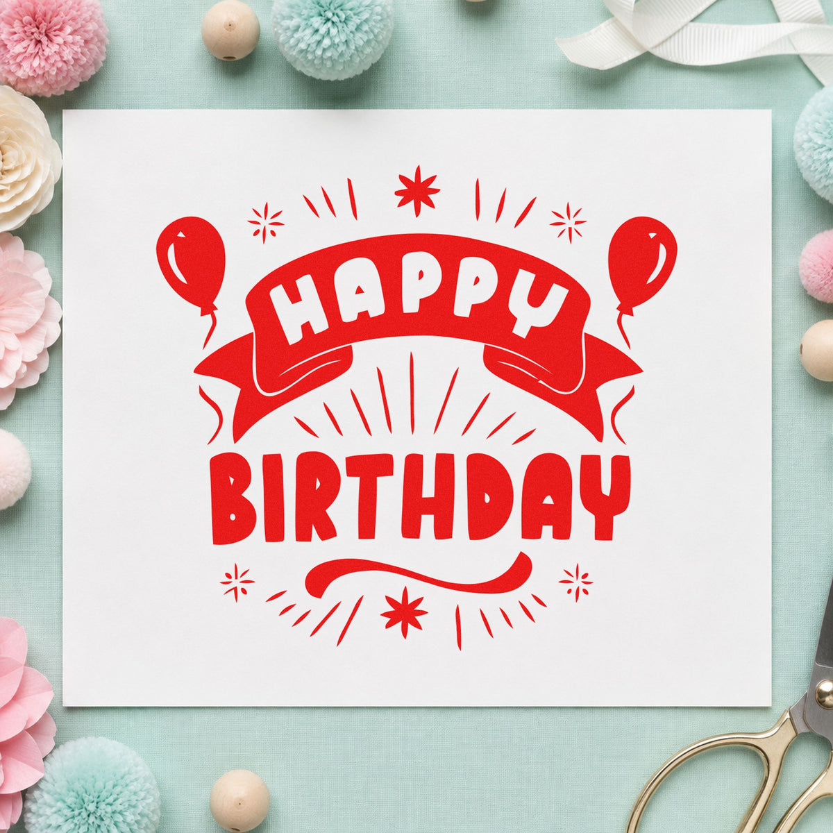 Happy Birthday Balloons Banner craft stamp imprint in red ink on a handmade project, one idea being campfire game cards.