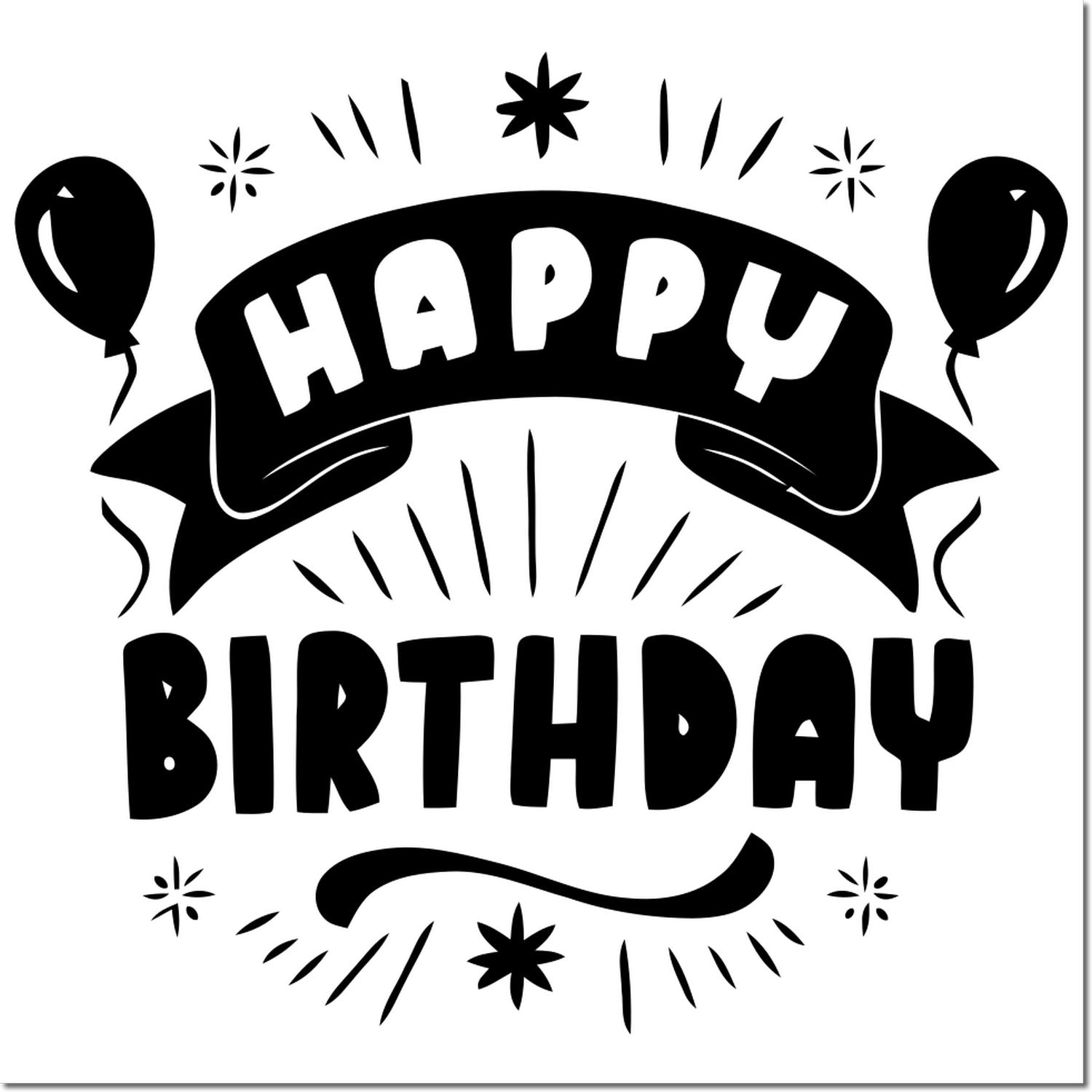 Happy Birthday rubber stamp design with balloons and festive bursts for party cards, invitations, and gift wrap.