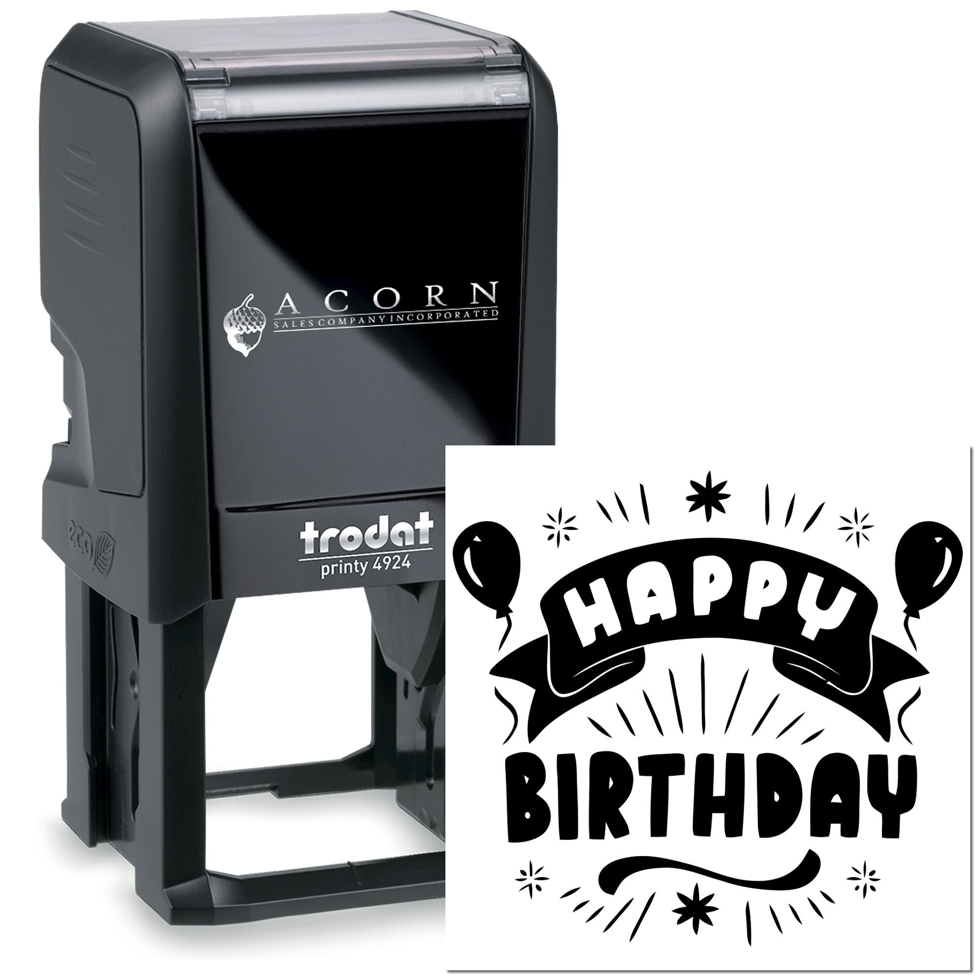 Custom Happy Birthday self-inking rubber stamp, Trodat Printy 4924, ideal for birthday cards, gift tags and party favors.