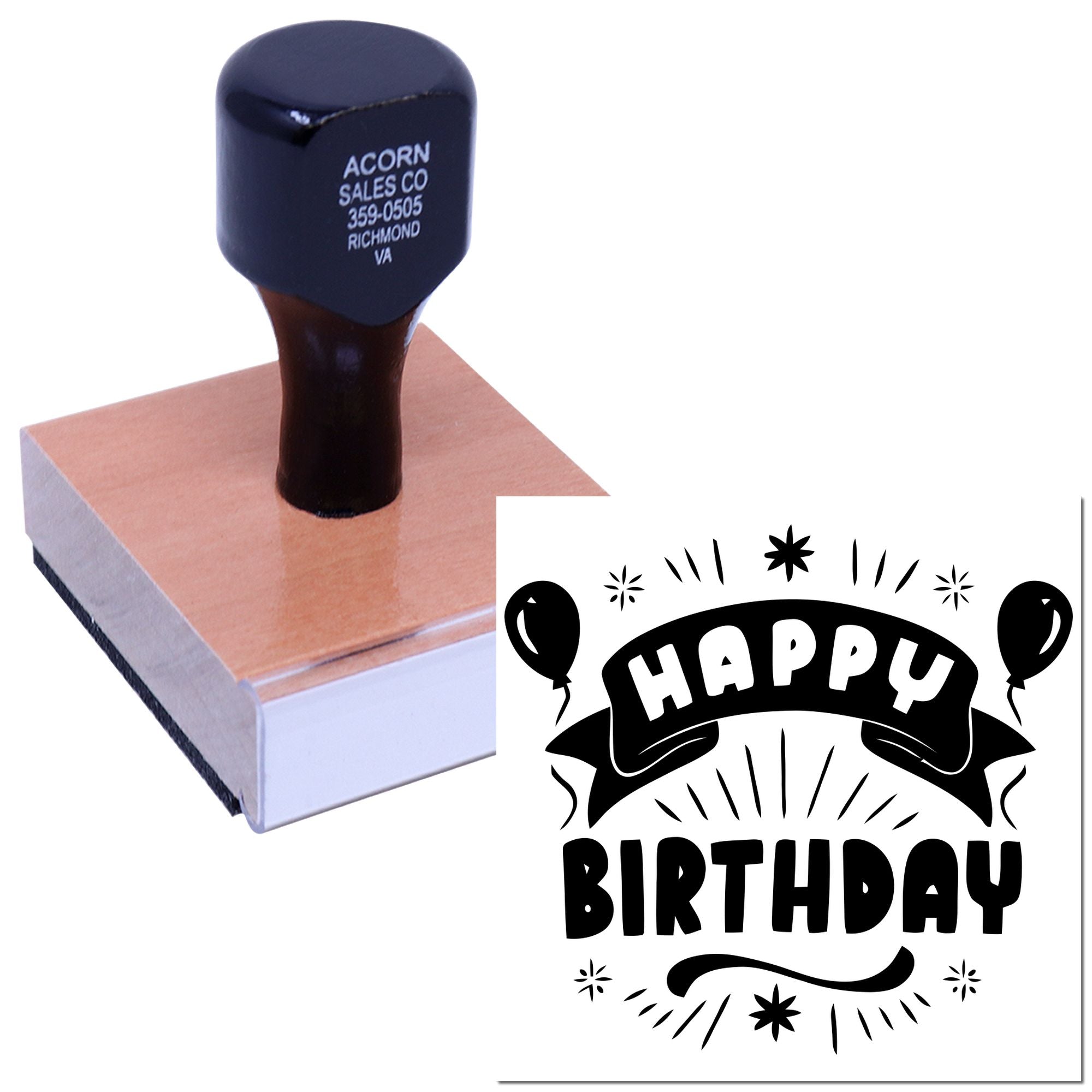 Custom Happy Birthday rubber stamp with balloon design for cards, invitations, and party stationery.
