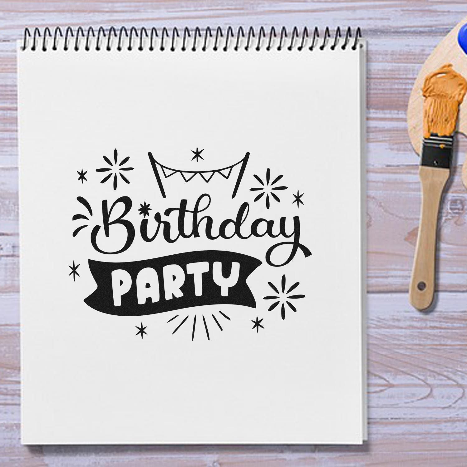 Birthday party rubber stamp design for DIY invitations, scrapbooking, and card making.
