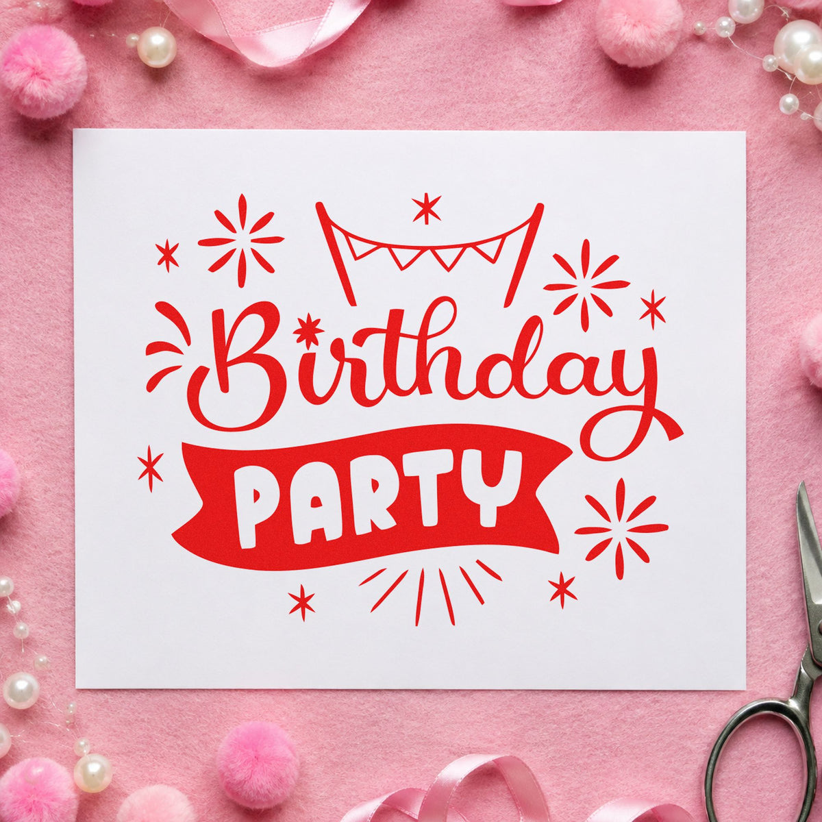 Birthday Party Bunting Banner craft stamp imprint in red ink on a handmade project, one idea being price list cards.