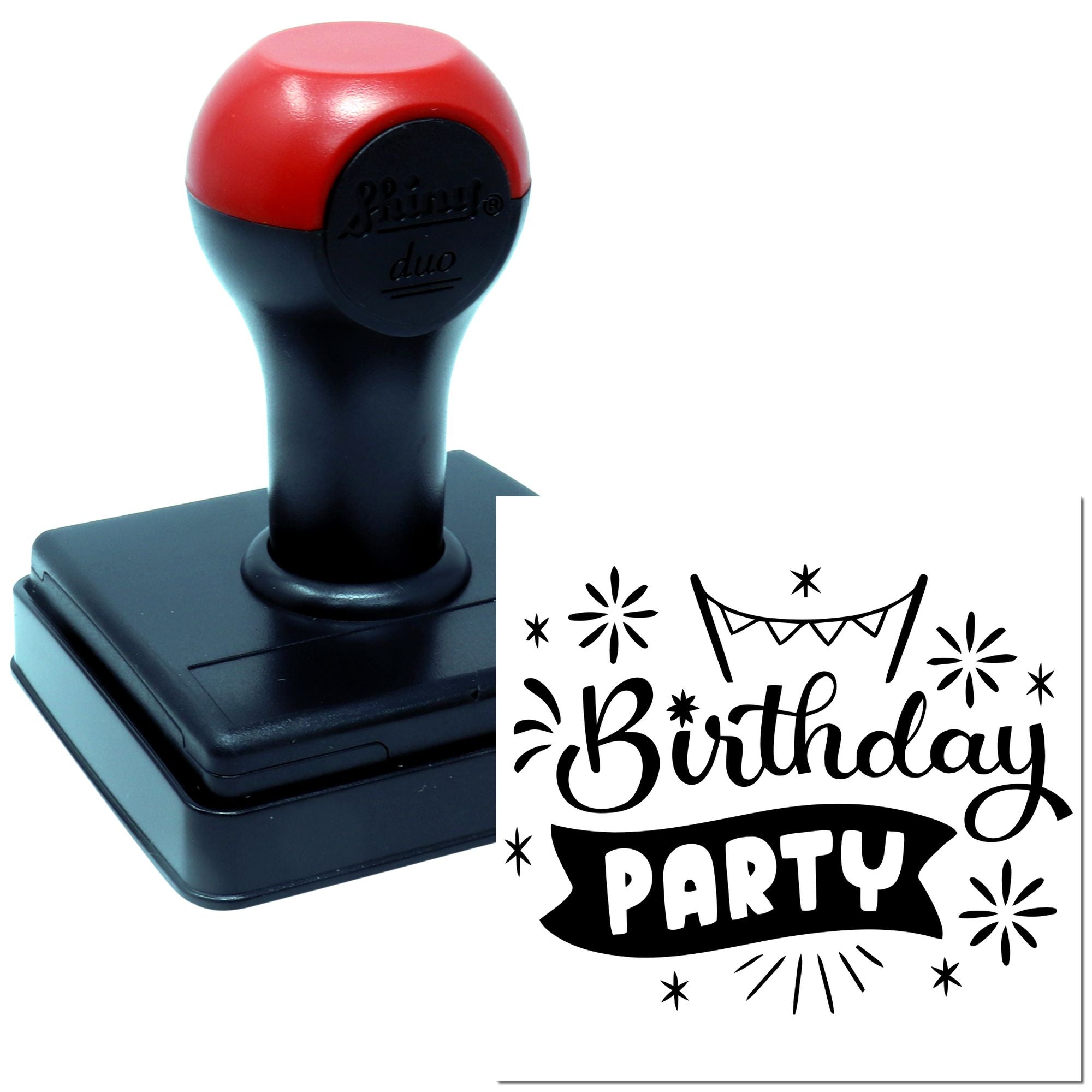 Birthday party rubber stamp with festive lettering and stars for custom party invitations and craft projects.