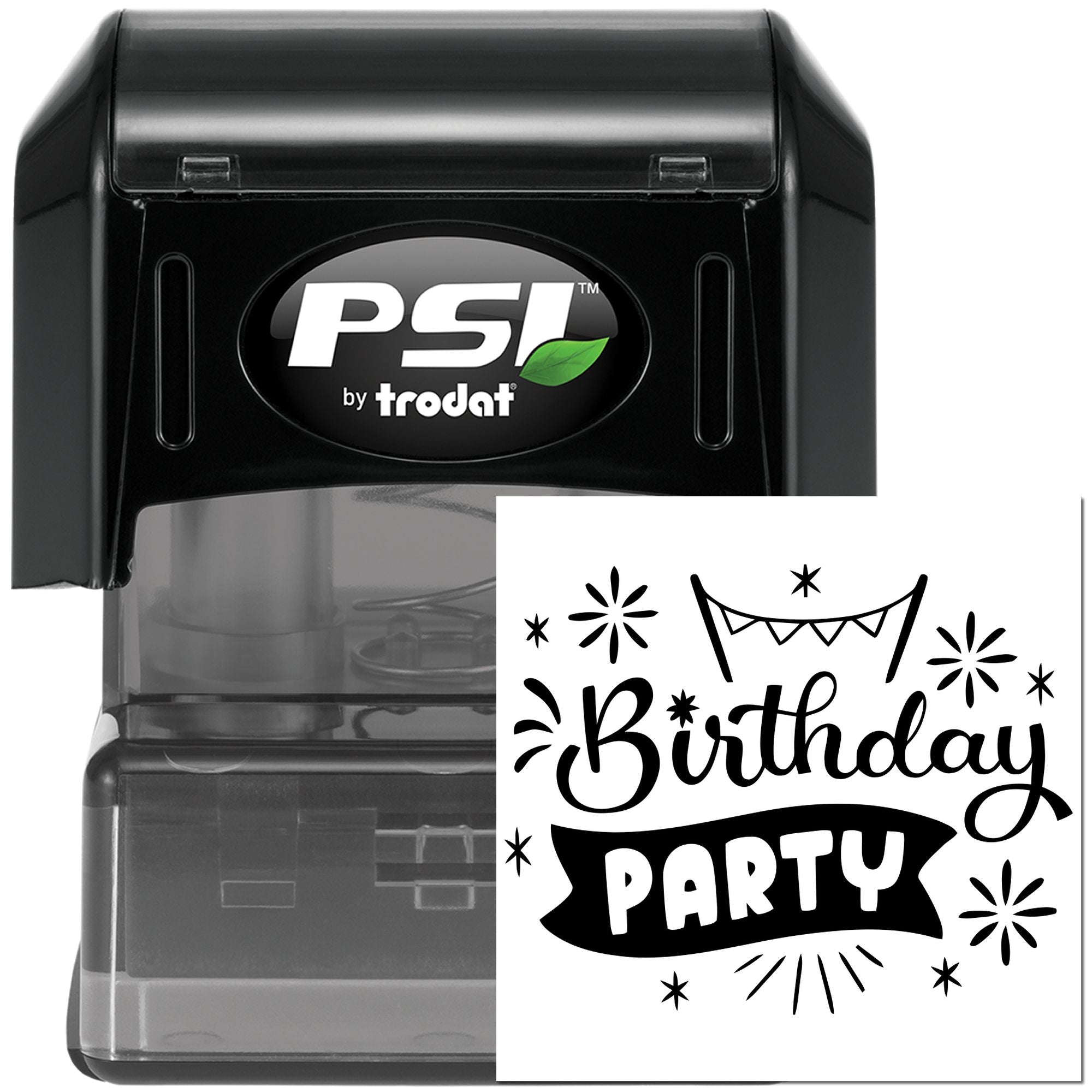 PSI by trodat self-inking rubber stamp with Birthday Party design for custom birthday invitations and party decorations.