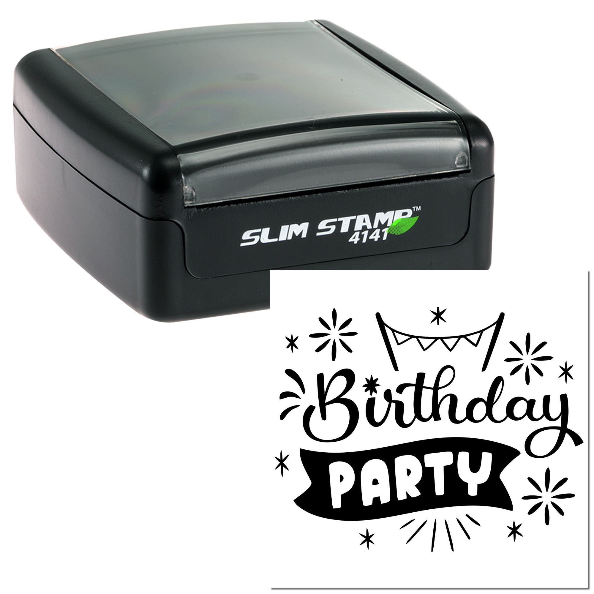 Slim Stamp 4141 self-inking rubber stamp with Birthday Party design, ideal for custom party invitations and decorations.