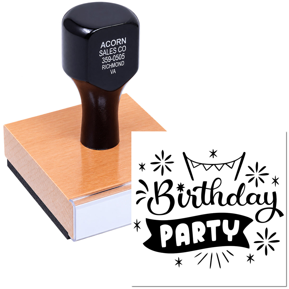 Custom rubber stamp with birthday party design, ideal for personalized invitations, cards, and craft projects.