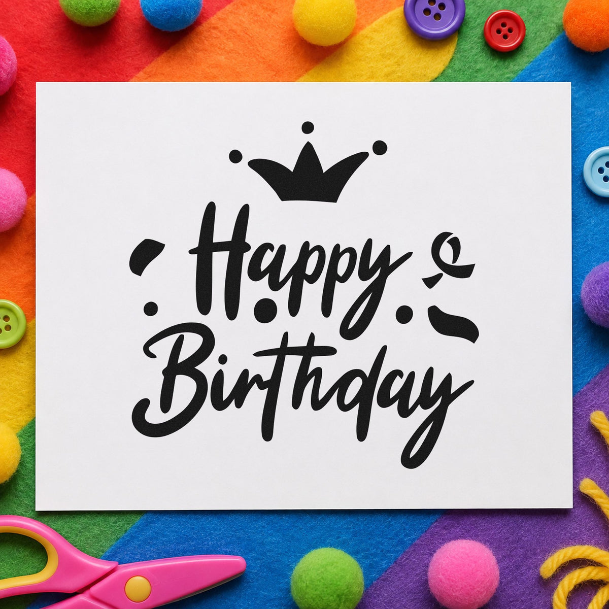 Birthday Crown Confetti Script craft stamp imprint in black ink on a handmade project, one idea being product bag gift tags.