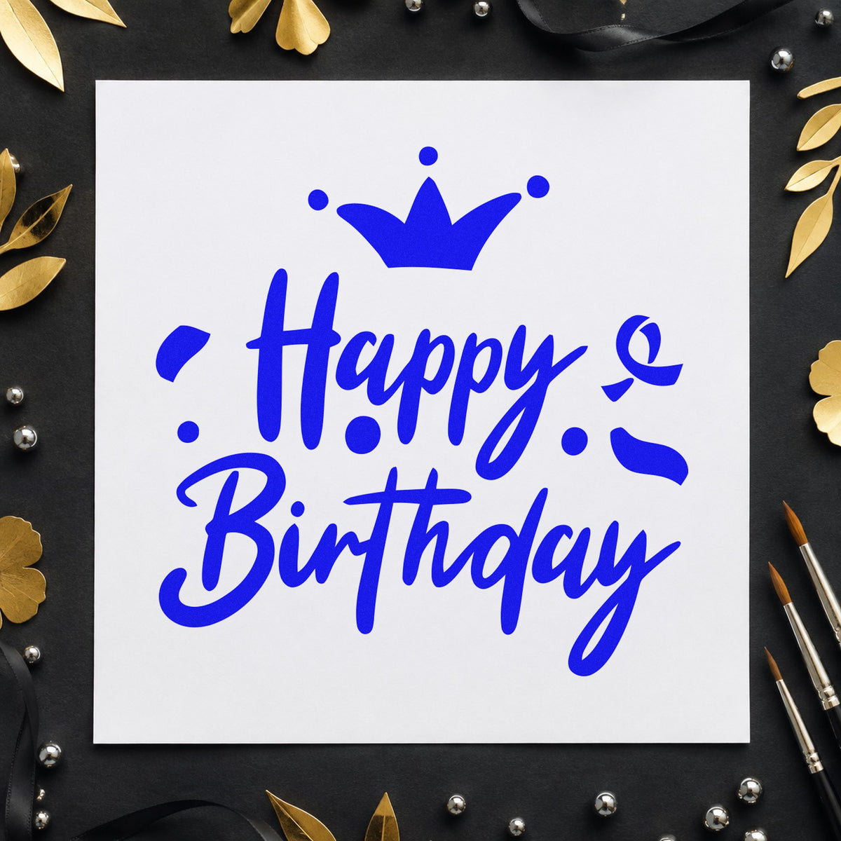 Birthday Crown Confetti Script craft stamp imprinted in blue ink on paper, a design suited to framed styling station.