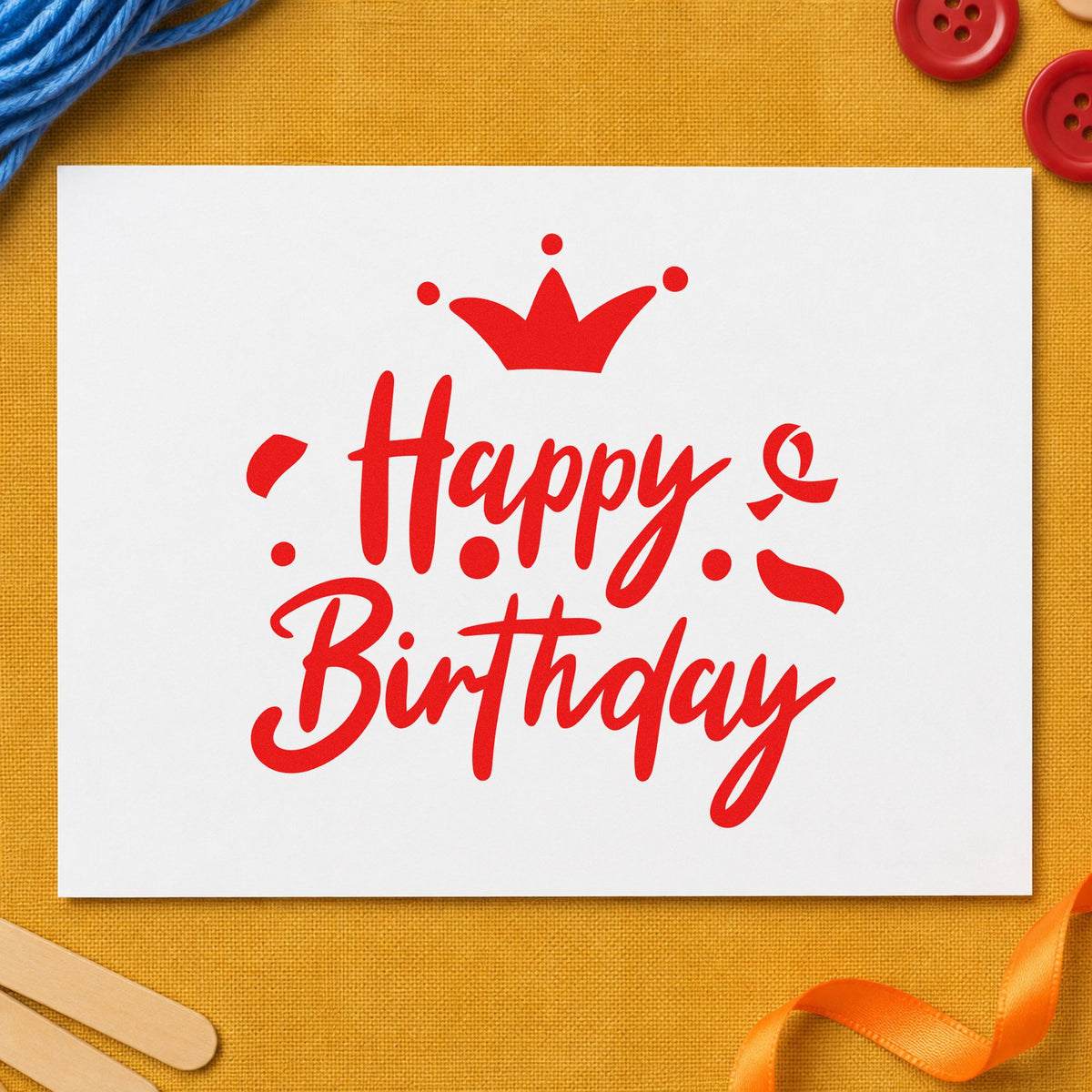 Birthday Crown Confetti Script rubber stamp shown in red ink, stamped for projects such as drawer tool labels.