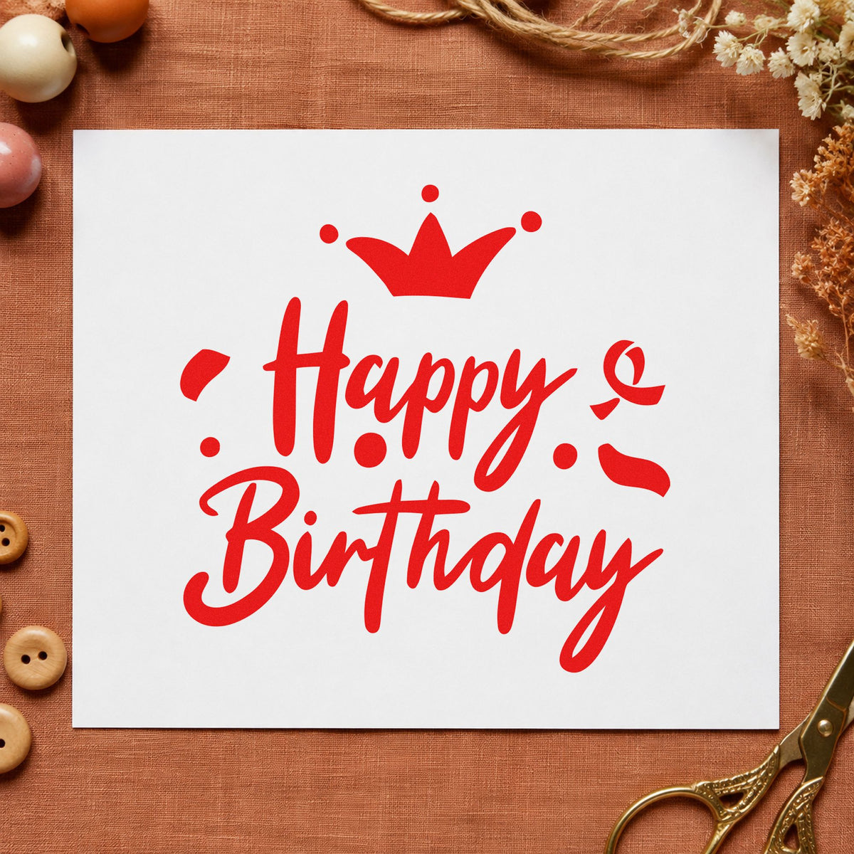 Birthday Crown Confetti Script craft stamp imprint in red ink on a handmade project, one idea being rebook slip cards.