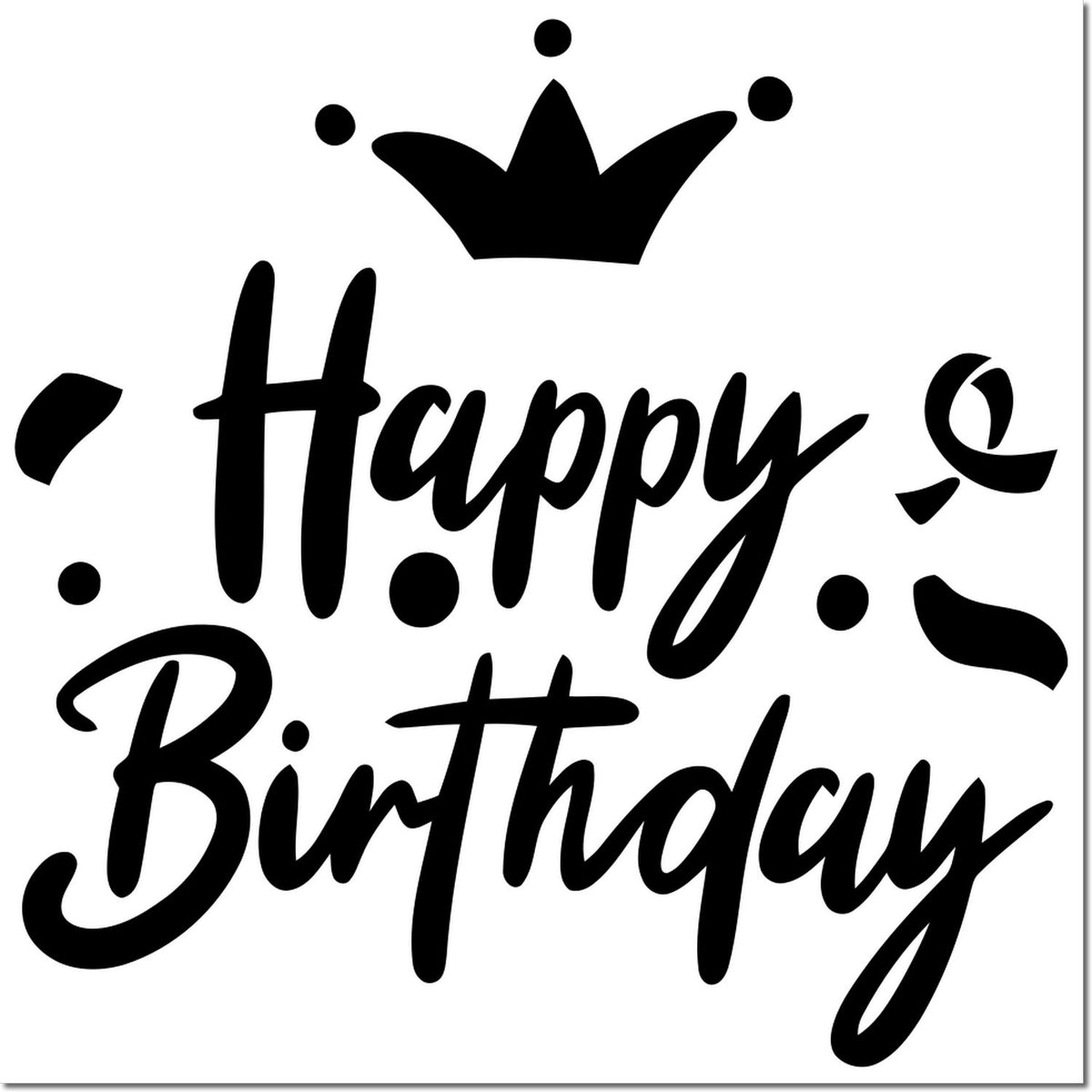 Happy Birthday rubber stamp design with crown and confetti, perfect for birthday cards, party invitations, and craft projects.